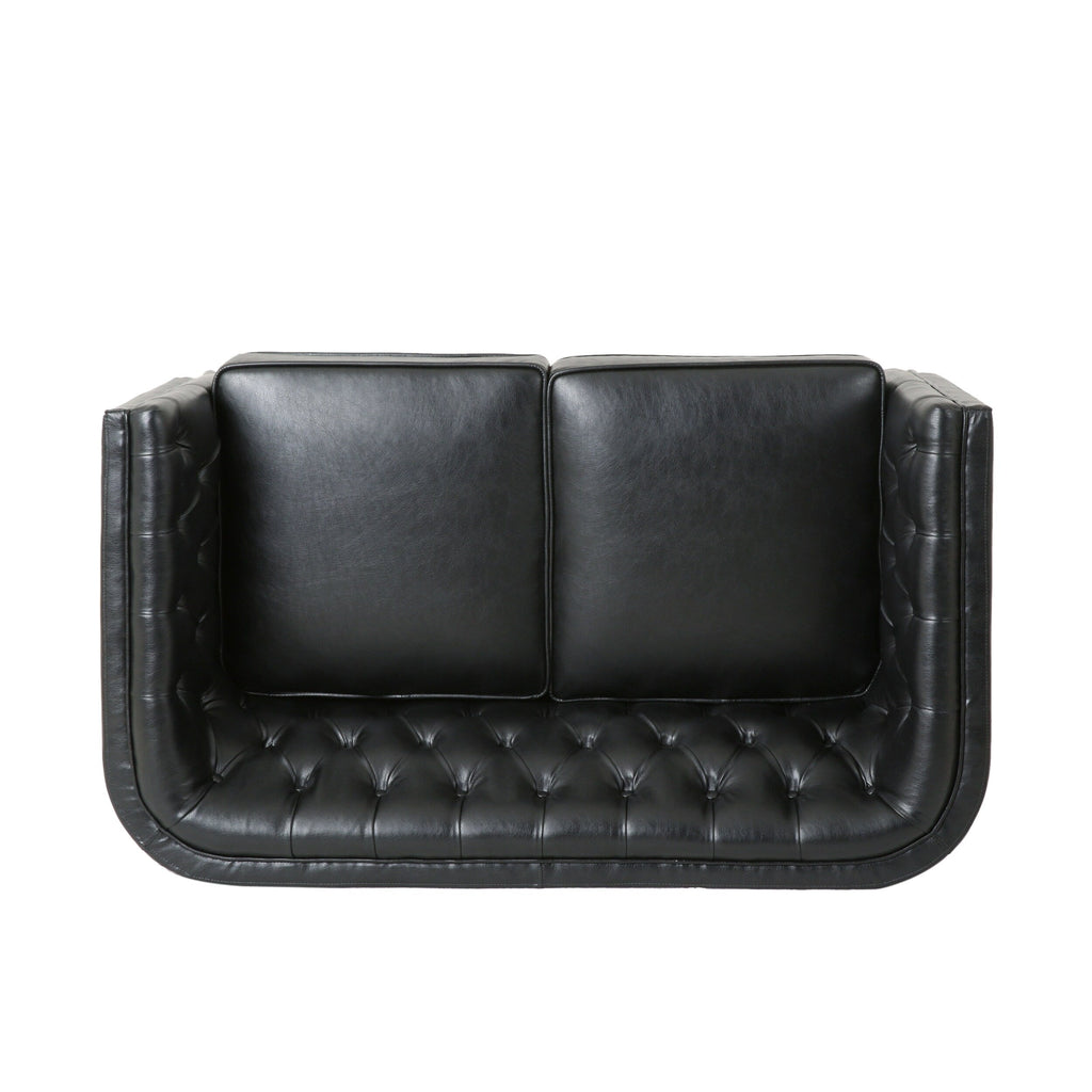 Canapé capitonné noir avec pieds en bois