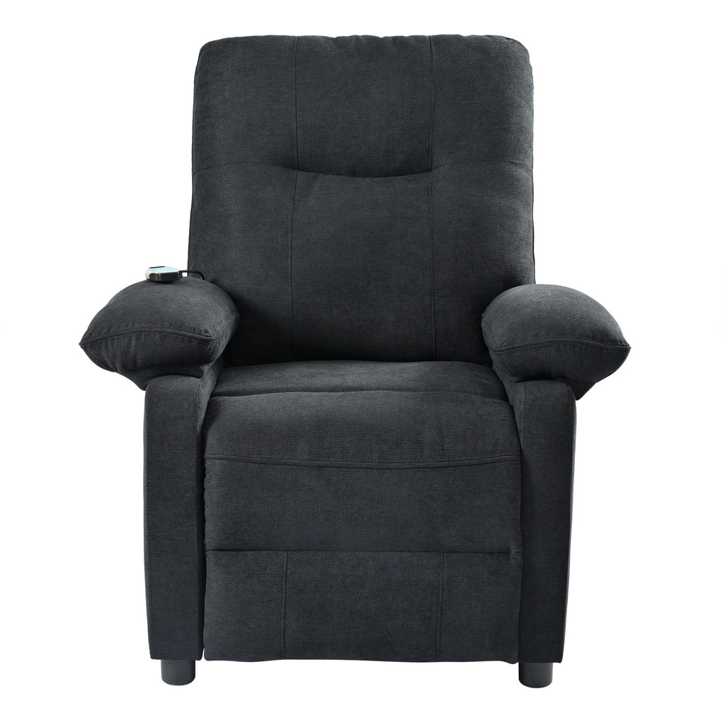 Fauteuil inclinable manuel noir avec massage et chauffage, structure robuste en bois massif, tissu confortable