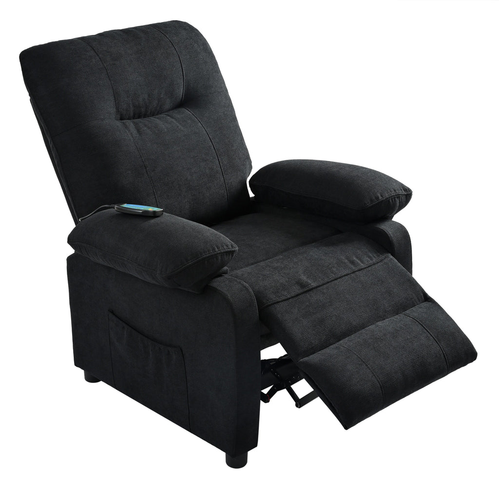 Fauteuil inclinable manuel noir avec massage et chauffage, structure robuste en bois massif, tissu confortable