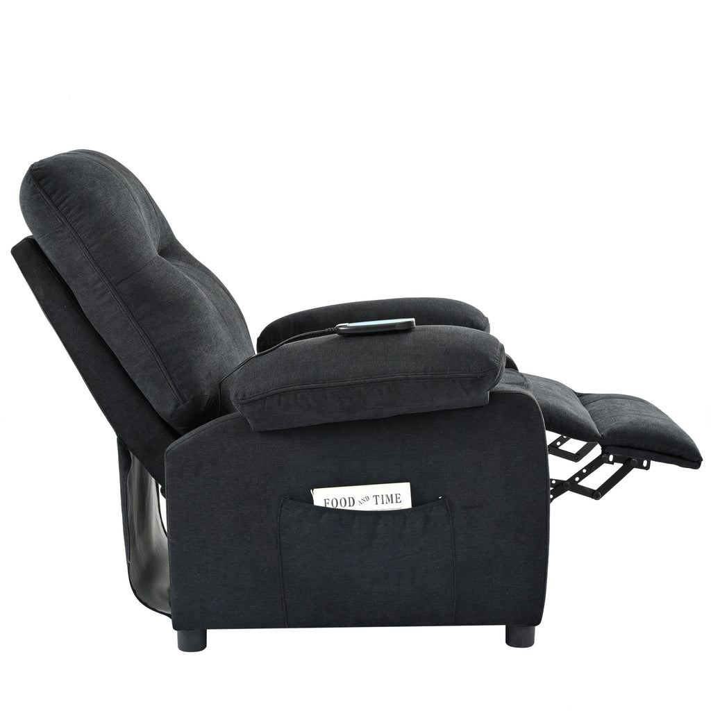 Fauteuil inclinable manuel noir avec massage et chauffage, cadre en bois massif robuste et revêtement en tissu confortable