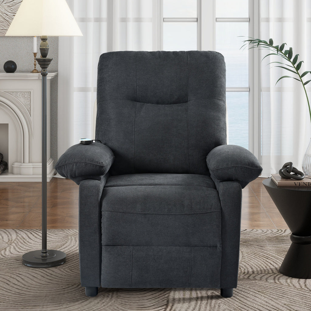 Fauteuil inclinable manuel noir avec massage et chauffage, cadre en bois massif robuste et revêtement en tissu confortable