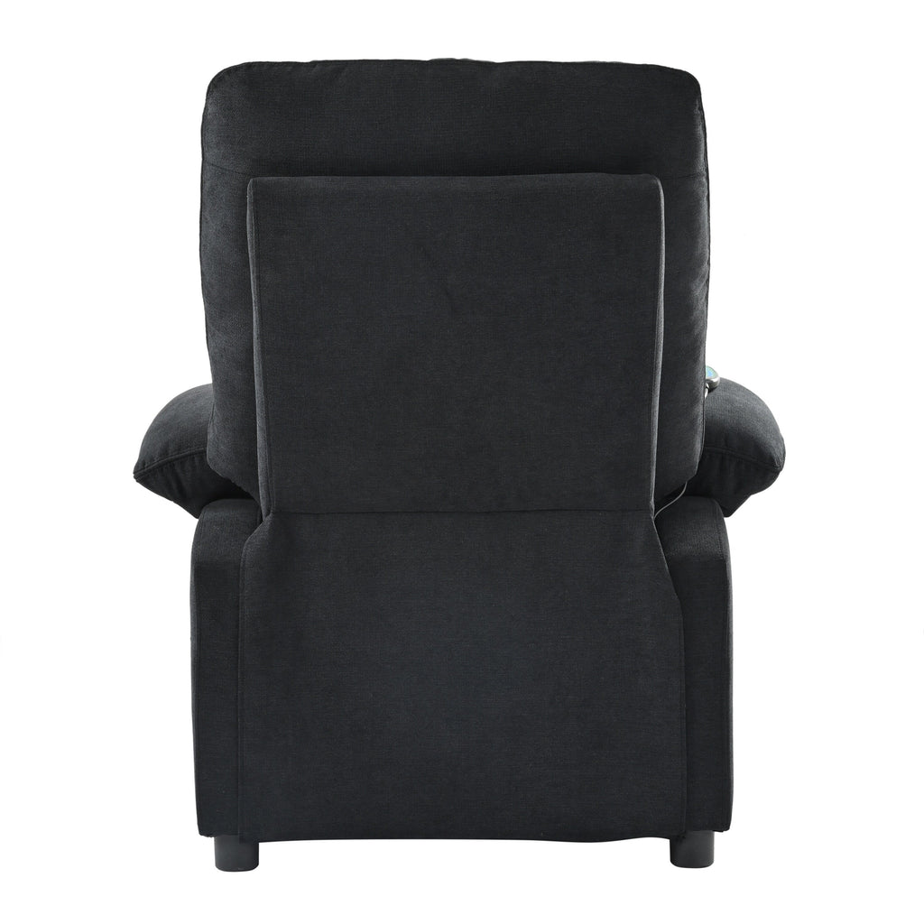 Fauteuil inclinable manuel noir avec massage et chauffage, cadre en bois massif robuste et revêtement en tissu confortable