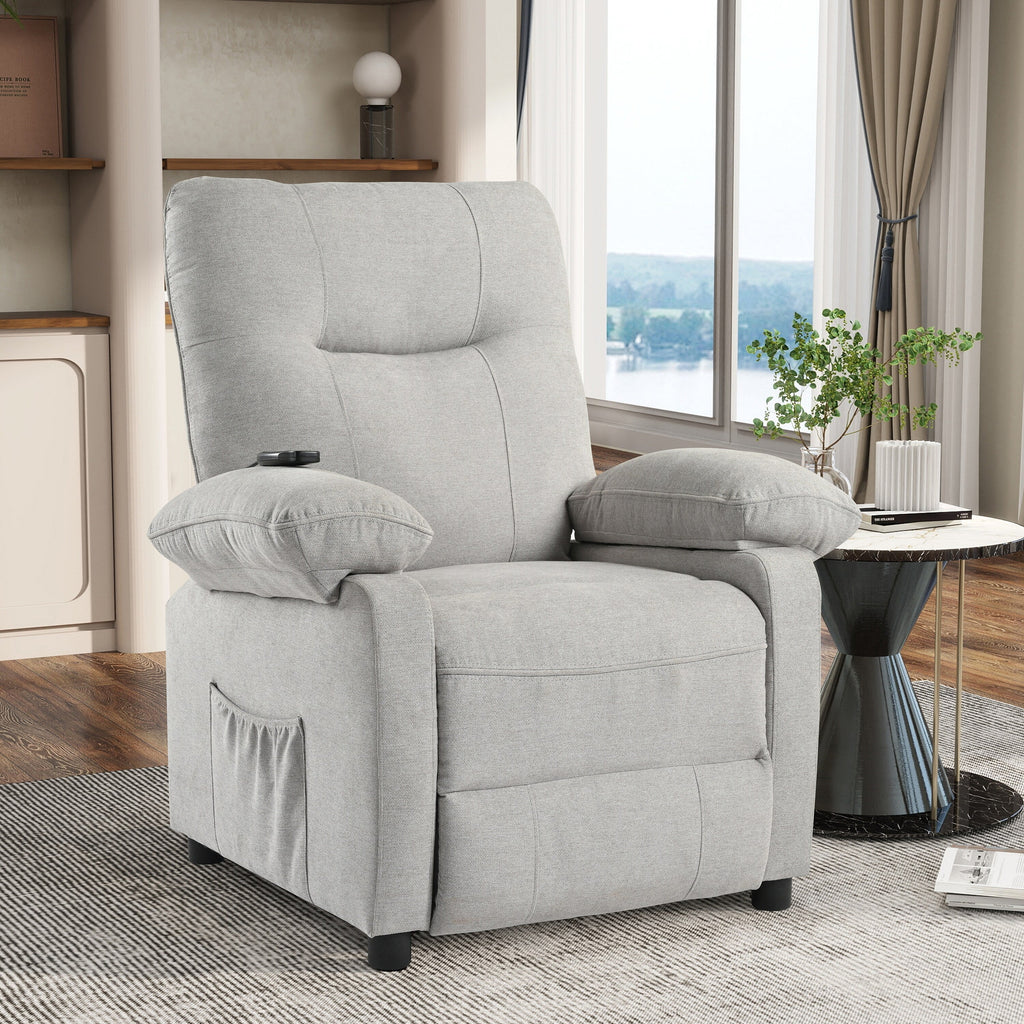 Fauteuil inclinable manuel noir avec massage et chauffage, structure robuste en bois massif et revêtement en tissu confortable