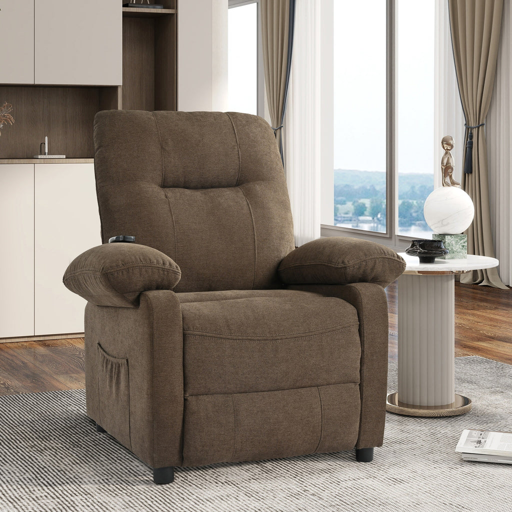 Fauteuil inclinable manuel noir avec massage et chauffage, structure robuste en bois massif et revêtement en tissu confortable