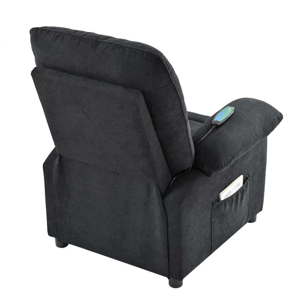 Fauteuil inclinable manuel noir avec massage et chauffage, structure robuste en bois massif et revêtement en tissu confortable