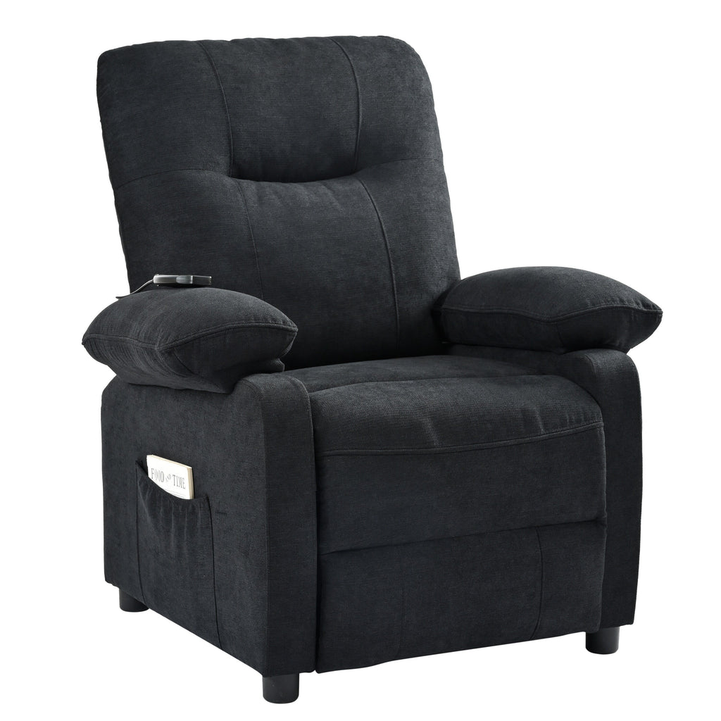 Fauteuil inclinable manuel noir avec massage et chauffage, structure robuste en bois massif et revêtement en tissu confortable