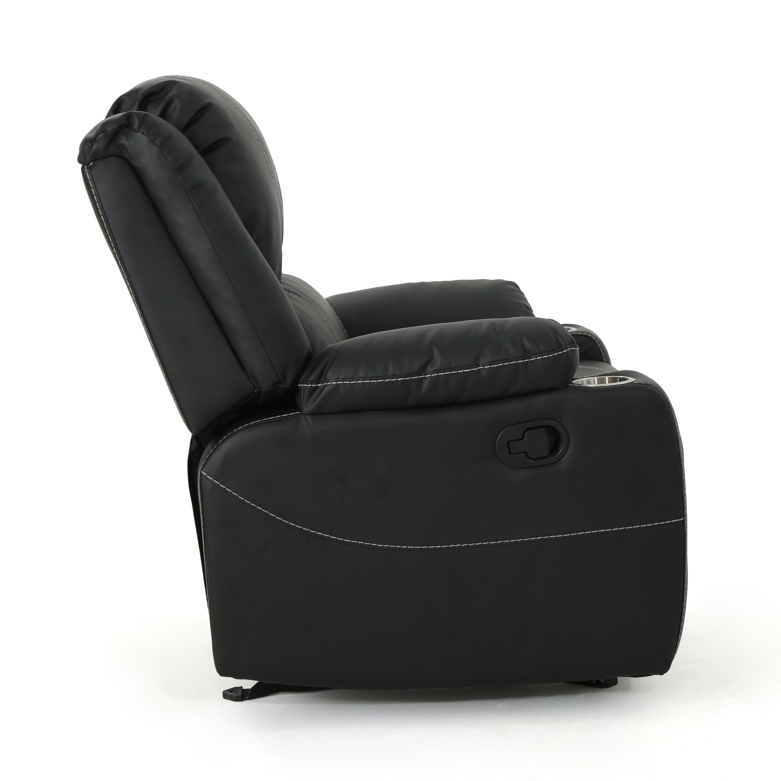 Fauteuil inclinable manuel noir avec porte-gobelets en acier et revêtement moelleux