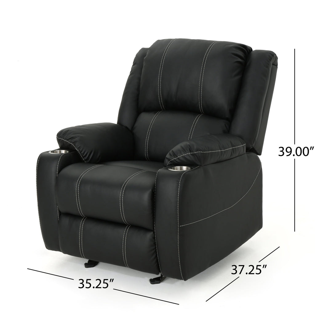Fauteuil inclinable manuel noir avec porte-gobelets en acier et revêtement moelleux