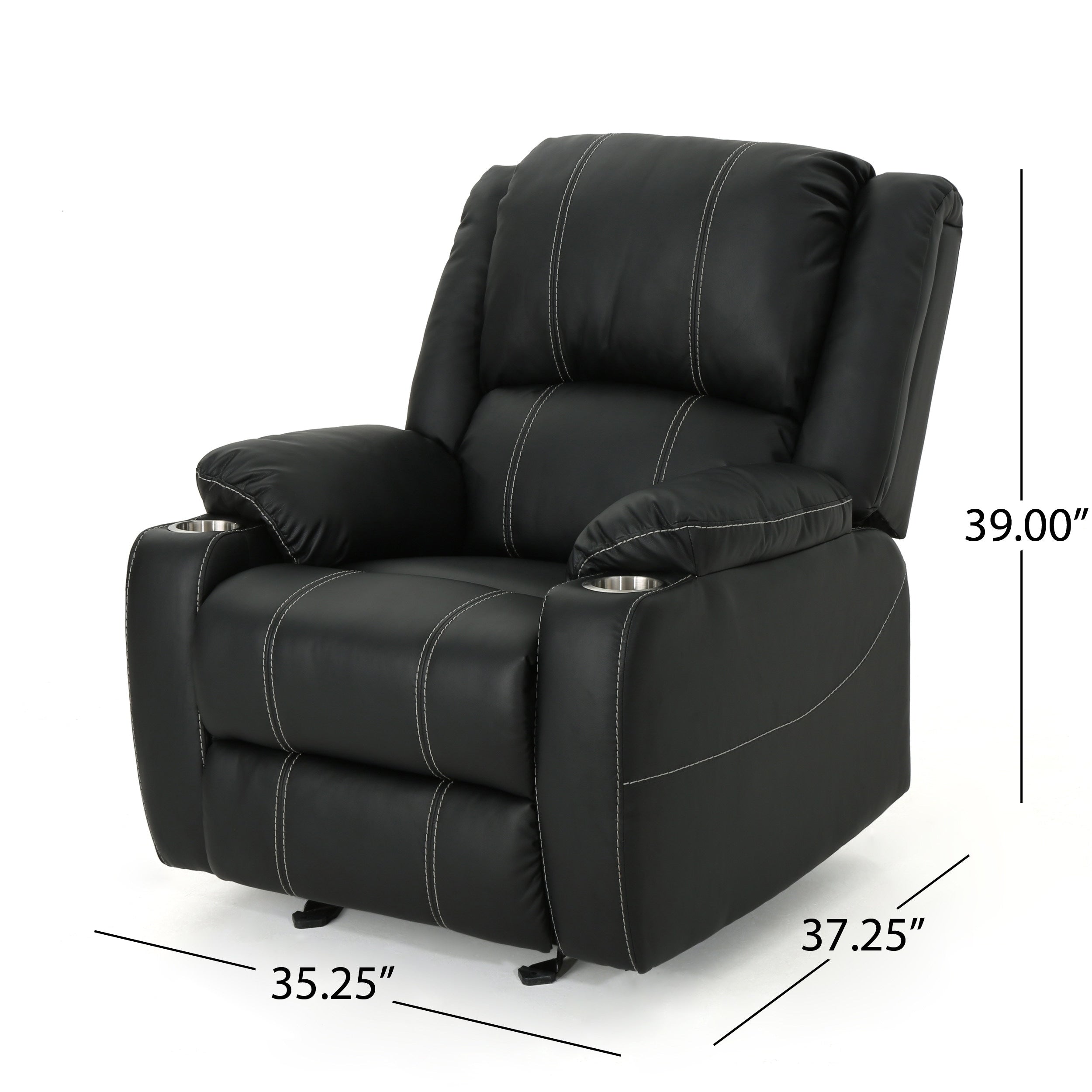 Fauteuil inclinable manuel noir avec porte-gobelets en acier et revêtement moelleux