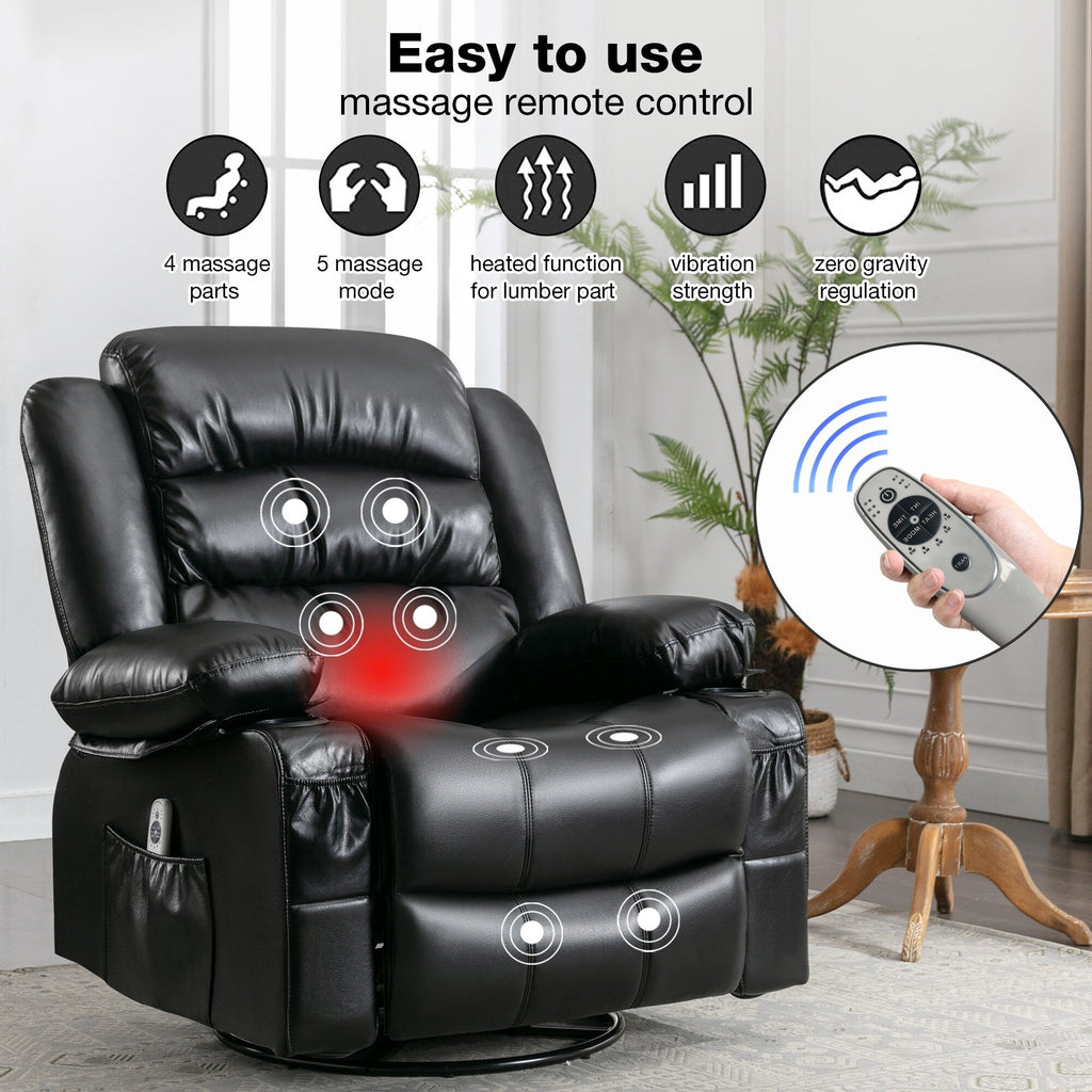 Fauteuil inclinable pivotant et massant noir avec chauffage, rotation à 360°, vibration à 8 points, porte-gobelets, chargement USB et poche latérale