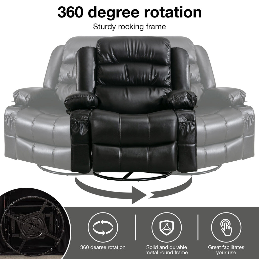 Fauteuil inclinable pivotant et massant noir avec chauffage, rotation à 360°, vibration à 8 points, porte-gobelets, chargement USB et poche latérale