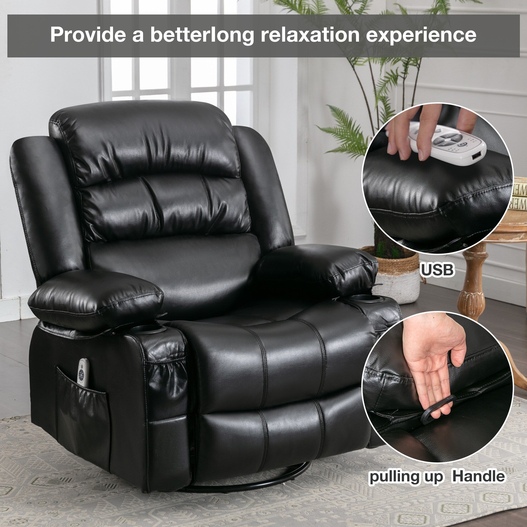 Fauteuil inclinable pivotant de massage noir avec chauffage, rotation à 360°, vibration à 8 points, porte-gobelets et chargement USB