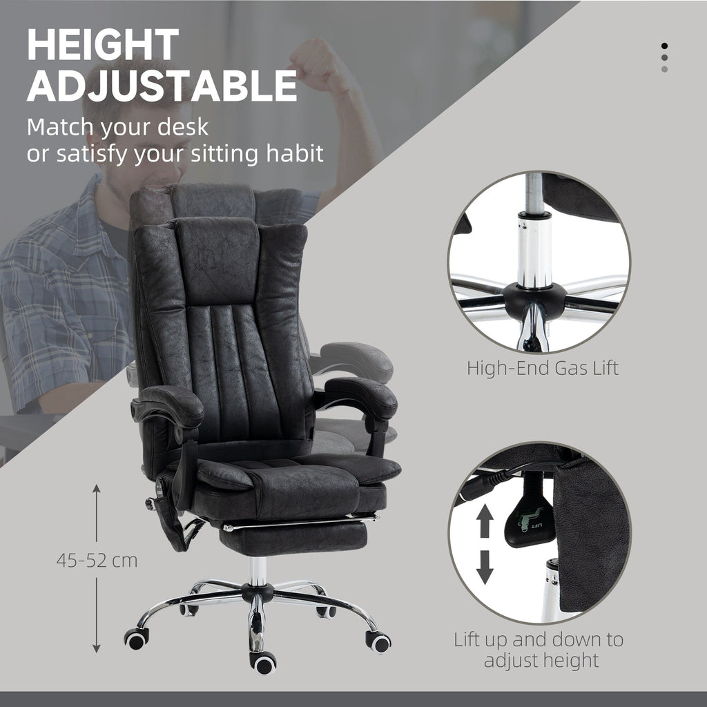 Fauteuil de bureau inclinable pivotant à 360° en microfibre noire avec massage par vibration, chauffage, repose-pieds et hauteur réglable