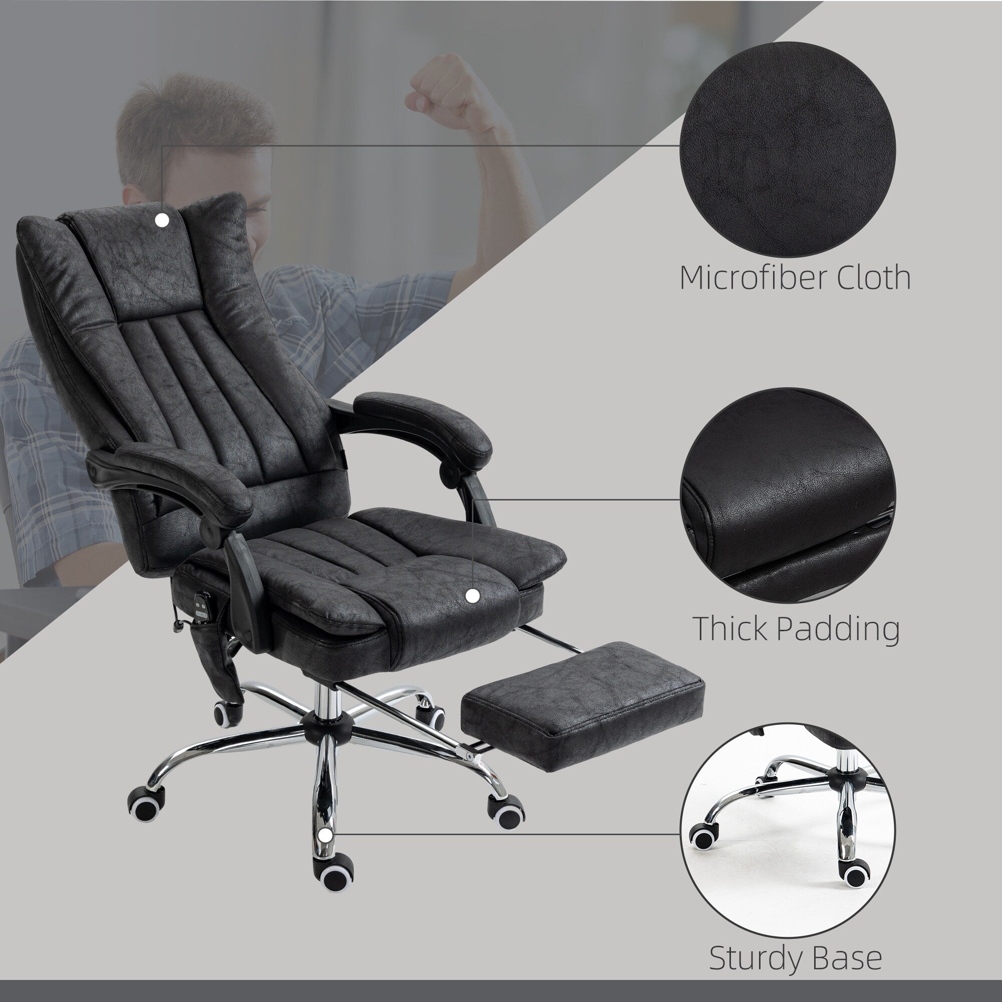 Fauteuil de bureau inclinable pivotant à 360° en microfibre noire avec massage par vibration, chauffage, repose-pieds et hauteur réglable