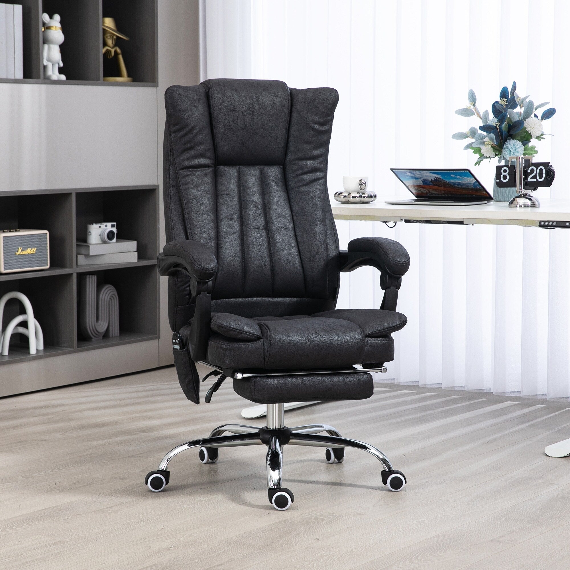 Fauteuil de bureau inclinable pivotant à 360° en microfibre noire avec massage par vibration, chauffage, repose-pieds et hauteur réglable