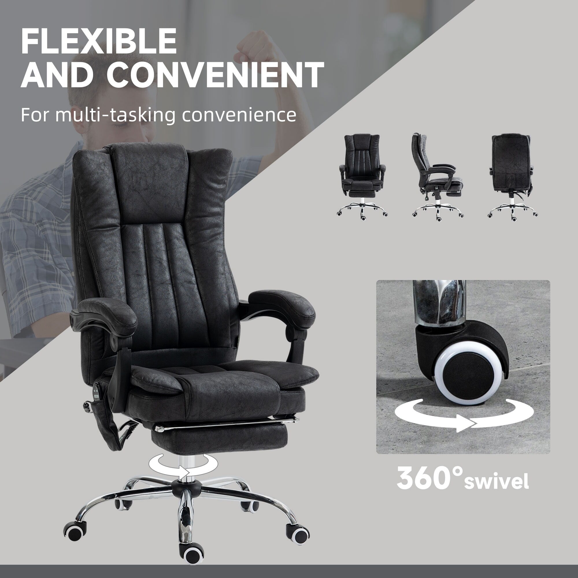 Fauteuil de bureau inclinable pivotant à 360° en microfibre noire avec massage par vibration, chauffage, repose-pieds et hauteur réglable
