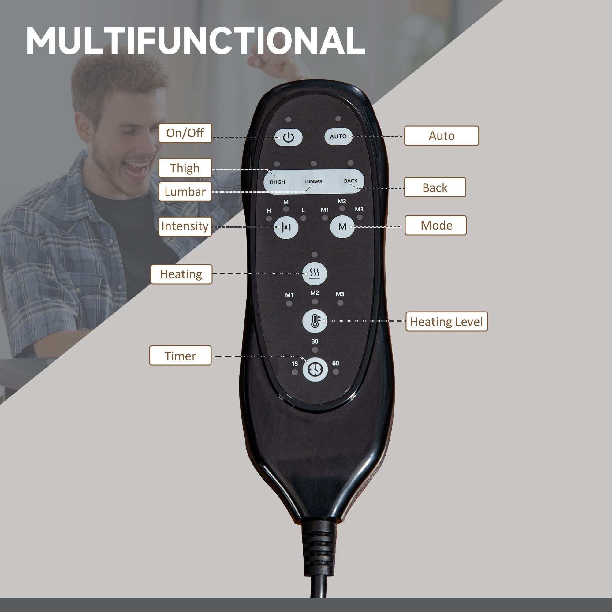 Fauteuil de bureau inclinable pivotant à 360° en microfibre noire avec massage par vibration, chauffage, repose-pieds et hauteur réglable