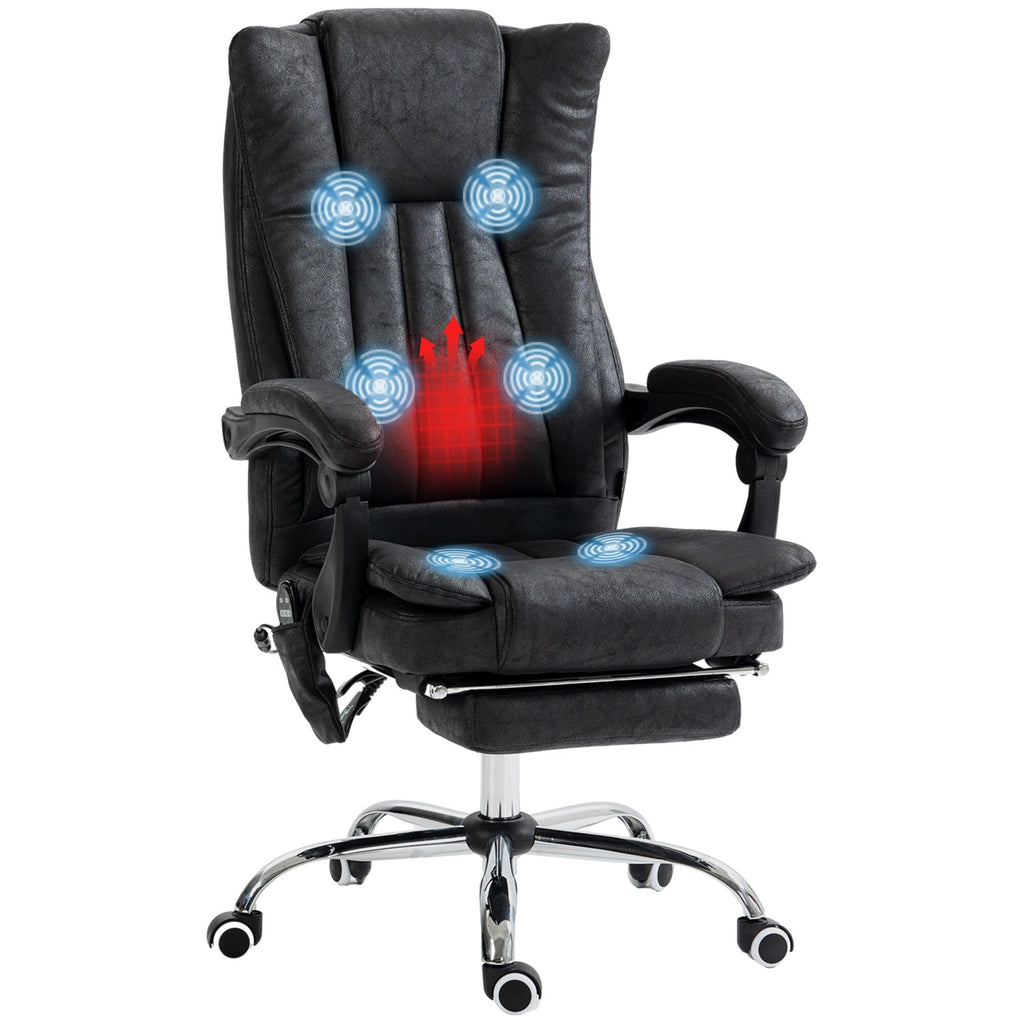 Fauteuil de bureau inclinable pivotant à 360° en microfibre noire avec massage par vibration, chauffage, repose-pieds et hauteur réglable