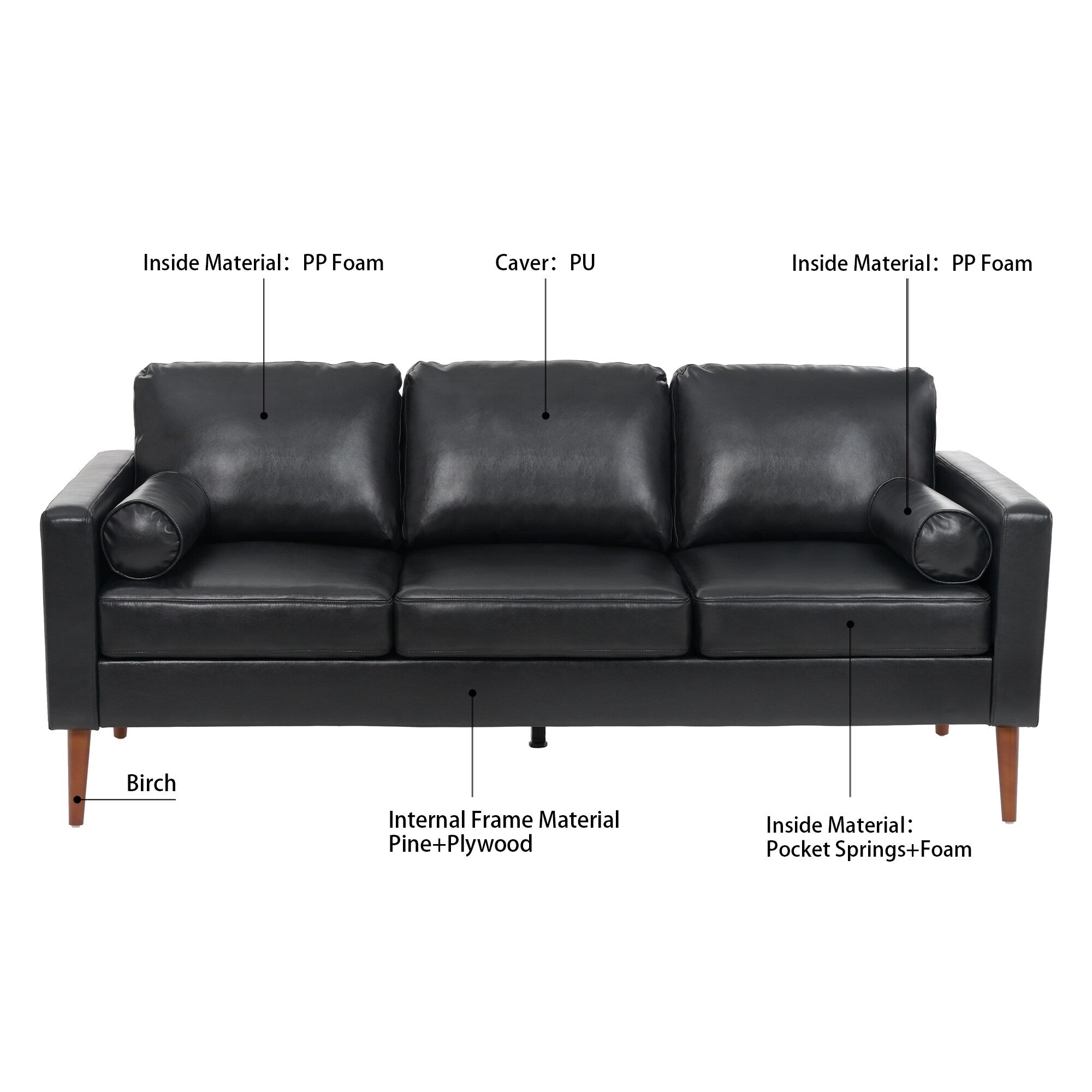 Canapé 3 places noir Mid Century Modern 76,7 PU avec structure en bois de fer pour le salon