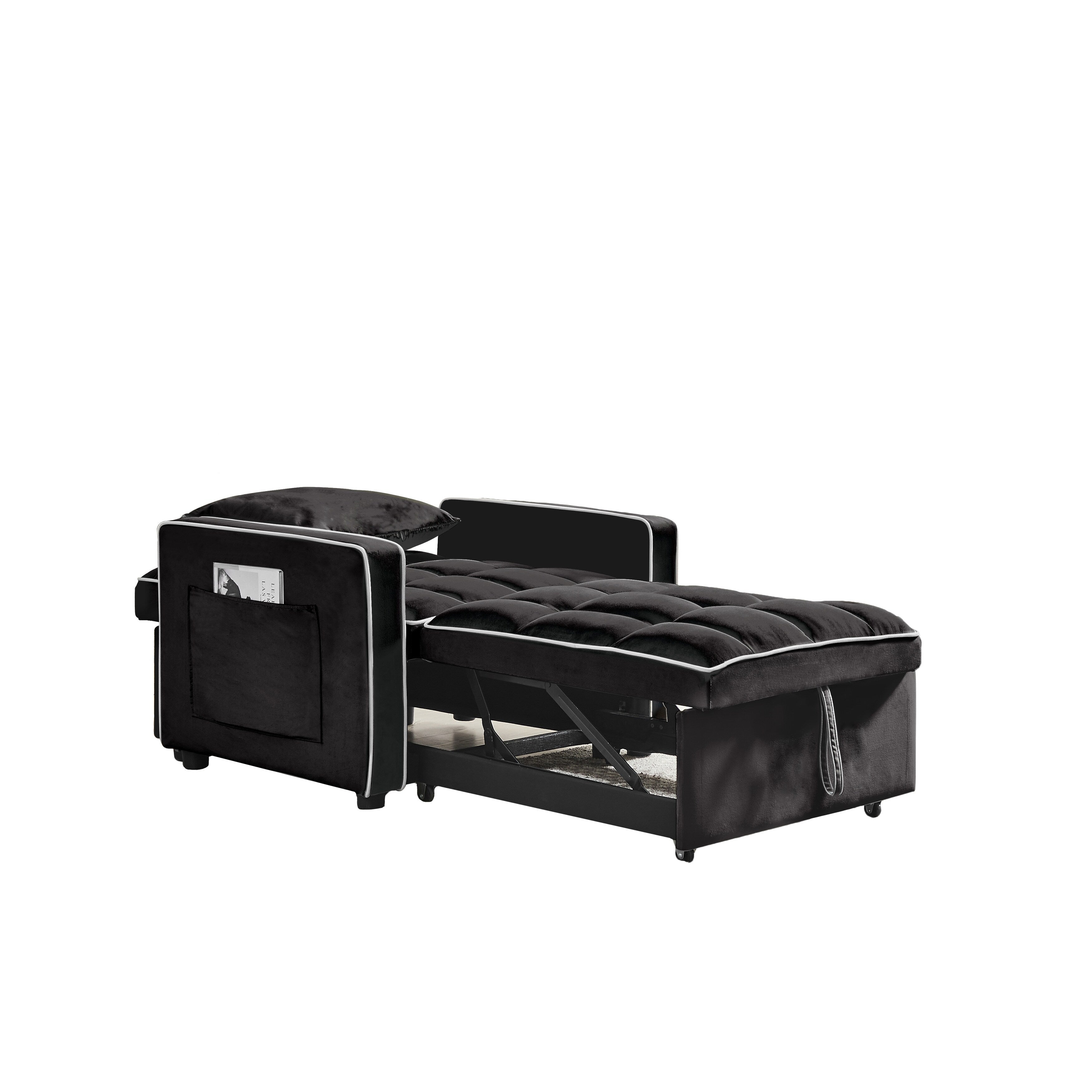 Canapé-lit simple 3 en 1 en velours noir moderne 35,43 cm avec dossier réglable et poche pour le salon