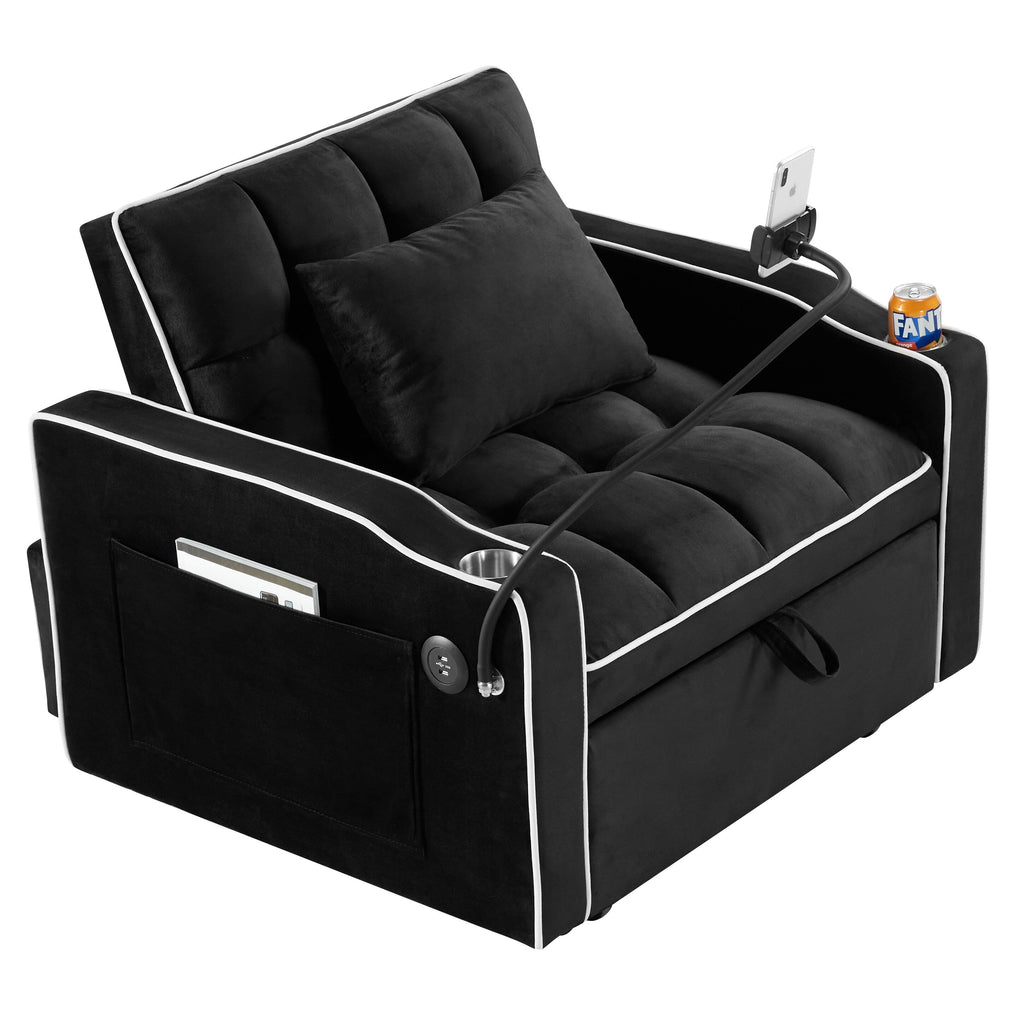 Canapé-lit convertible 3 en 1 en velours noir moderne 35,83 pouces avec dossier réglable et port de chargement USB pour le salon