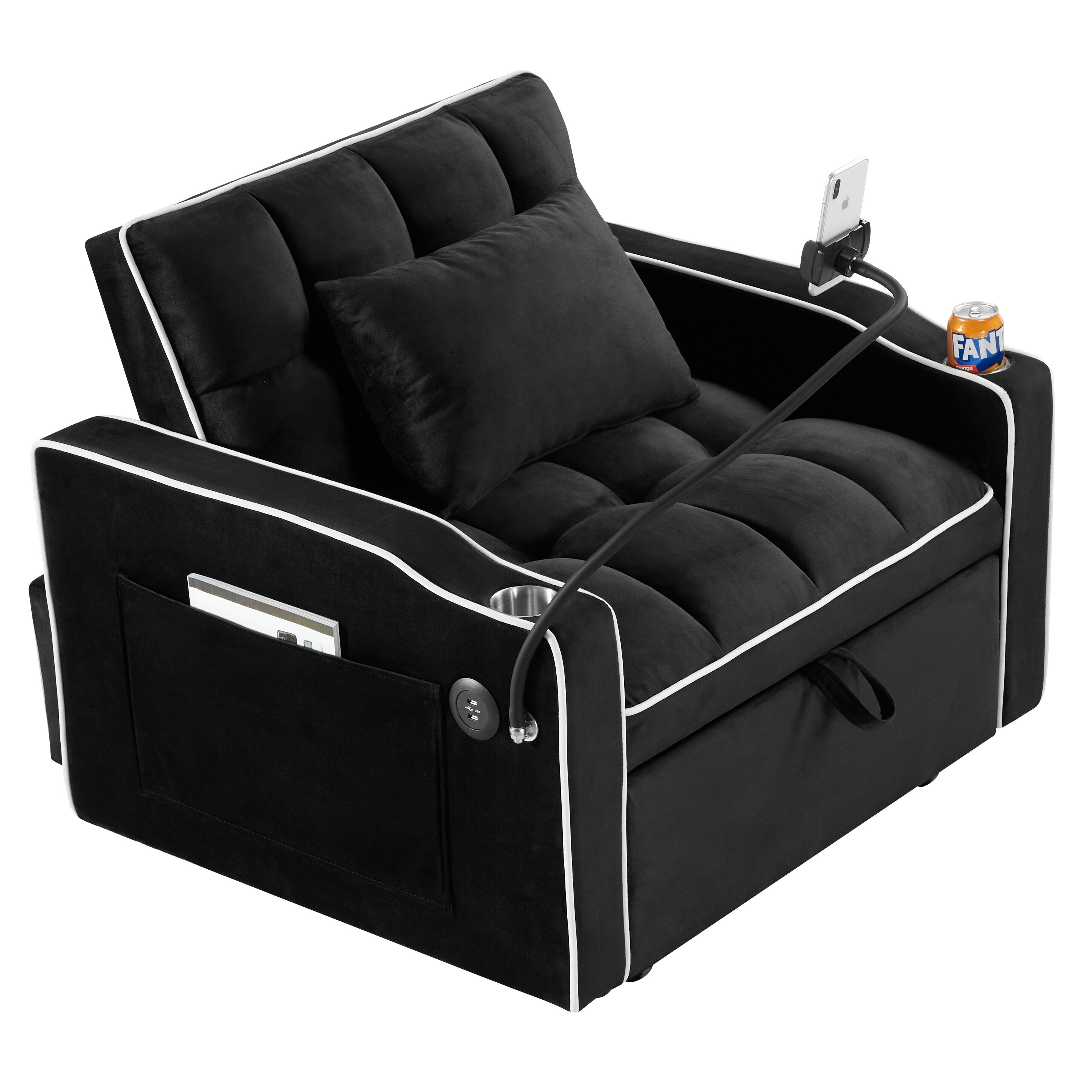 Canapé-lit convertible 3 en 1 en velours noir moderne 35,83 pouces avec dossier réglable et port de chargement USB pour le salon