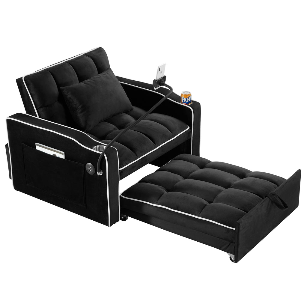 Canapé-lit convertible 3 en 1 en velours noir moderne 35,83 pouces avec dossier réglable et port de chargement USB pour le salon