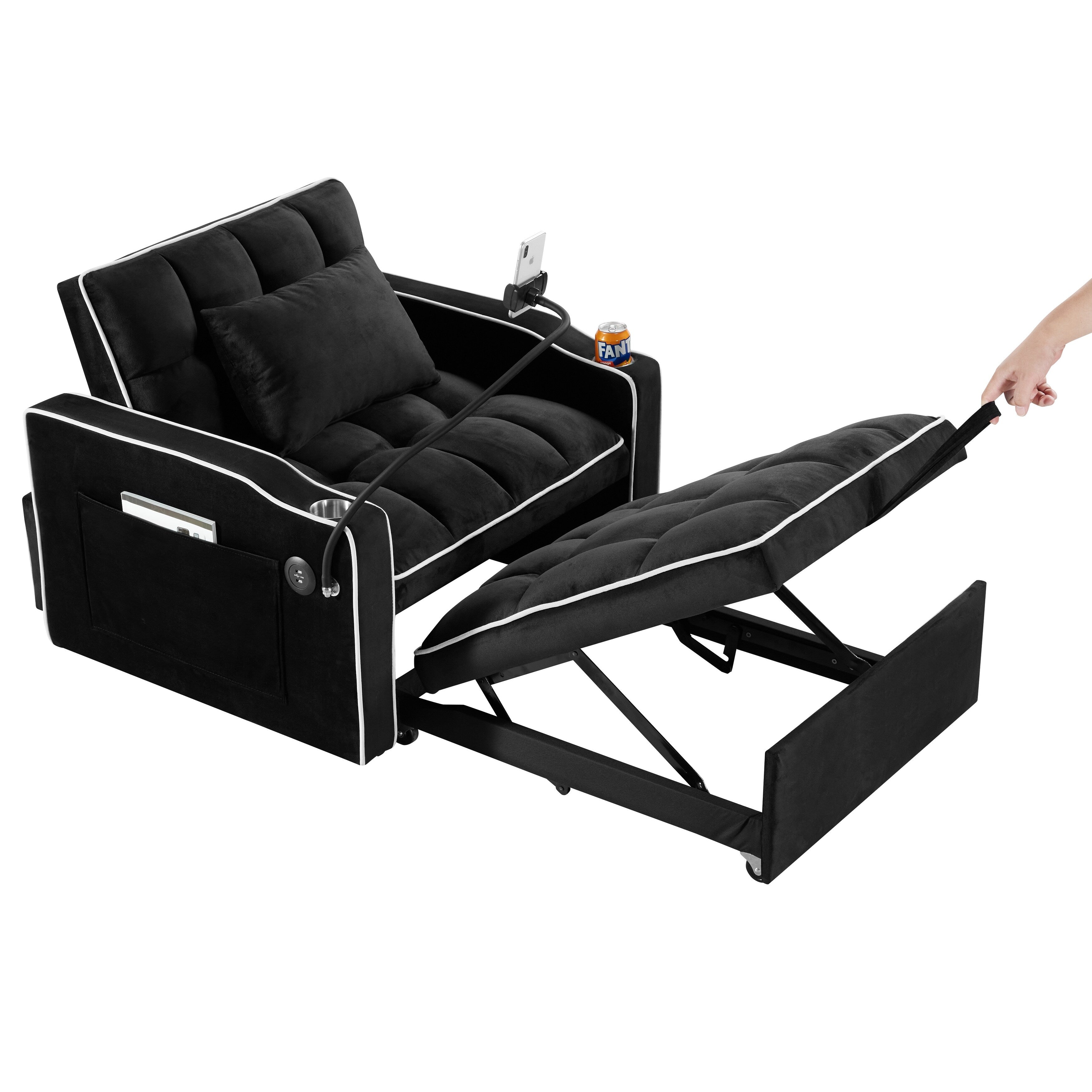 Canapé-lit convertible 3 en 1 en velours noir moderne 35,83 pouces avec dossier réglable et port de chargement USB pour le salon