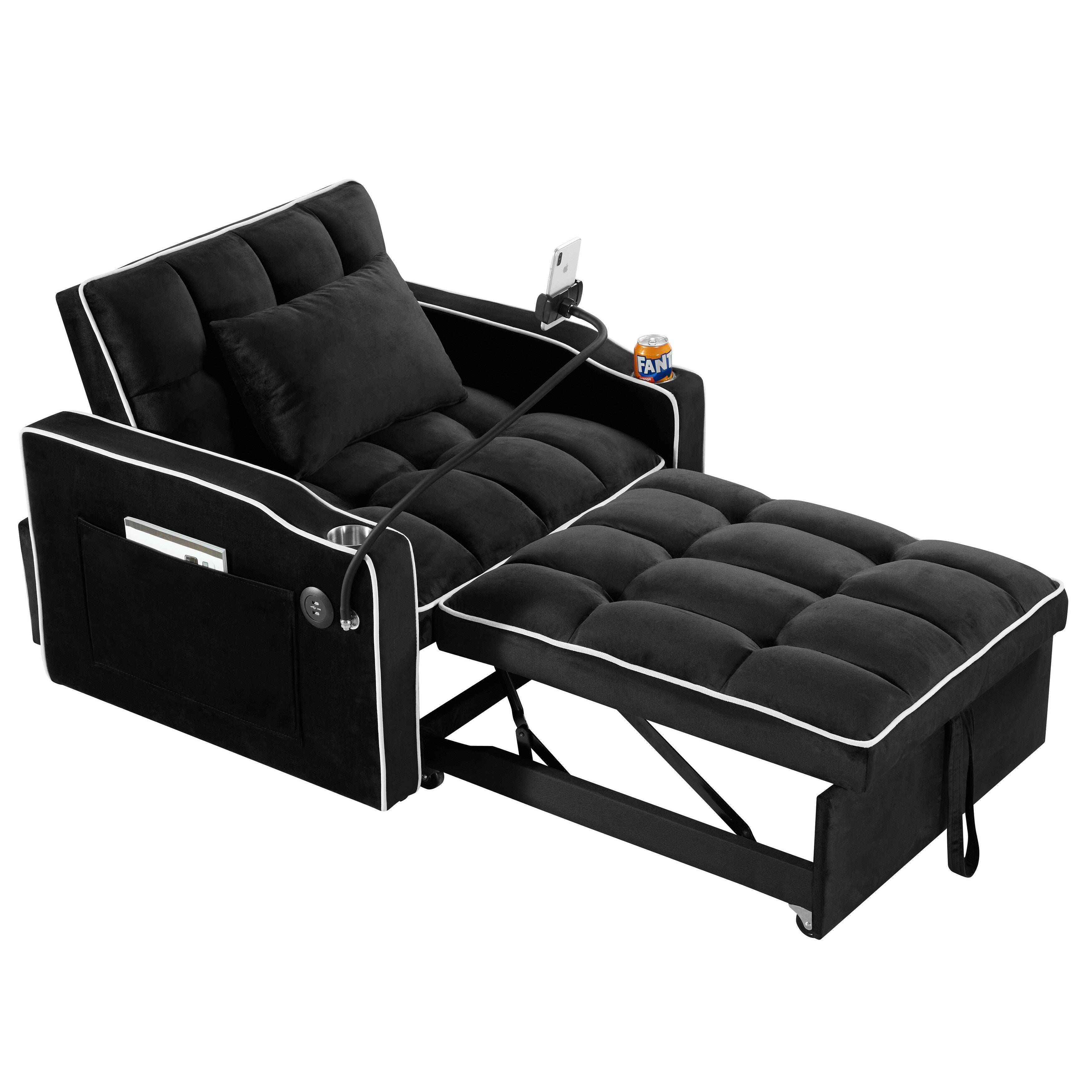 Canapé-lit convertible 3 en 1 en velours noir moderne 35,83 pouces avec dossier réglable et port de chargement USB pour le salon