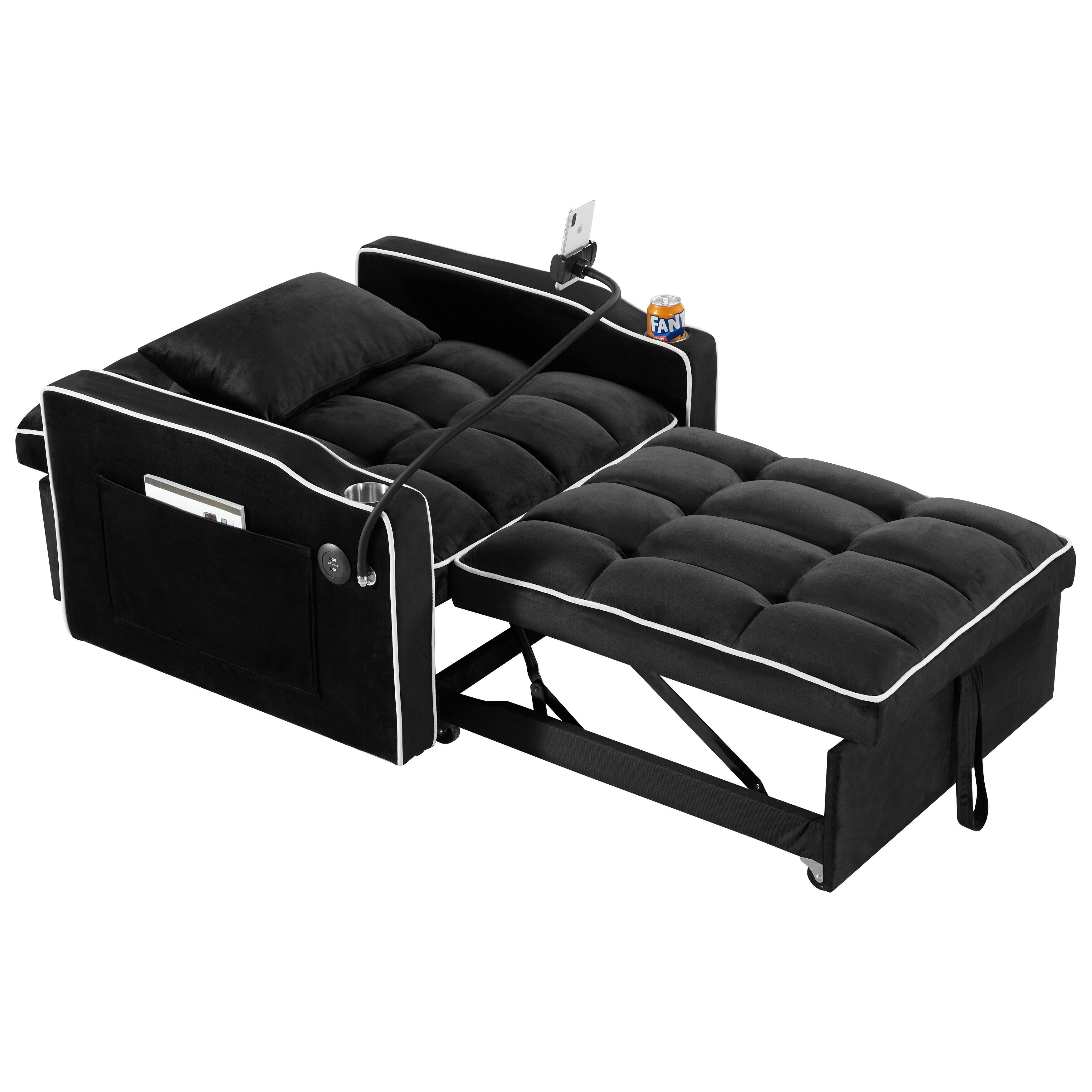 Canapé-lit convertible 3 en 1 en velours noir moderne 35,83 pouces avec dossier réglable et port de chargement USB pour le salon