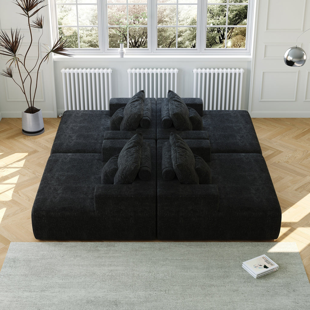 Canapé-lit simple moderne en éponge chenille noire 55 pouces avec coussin de dossier pour salon