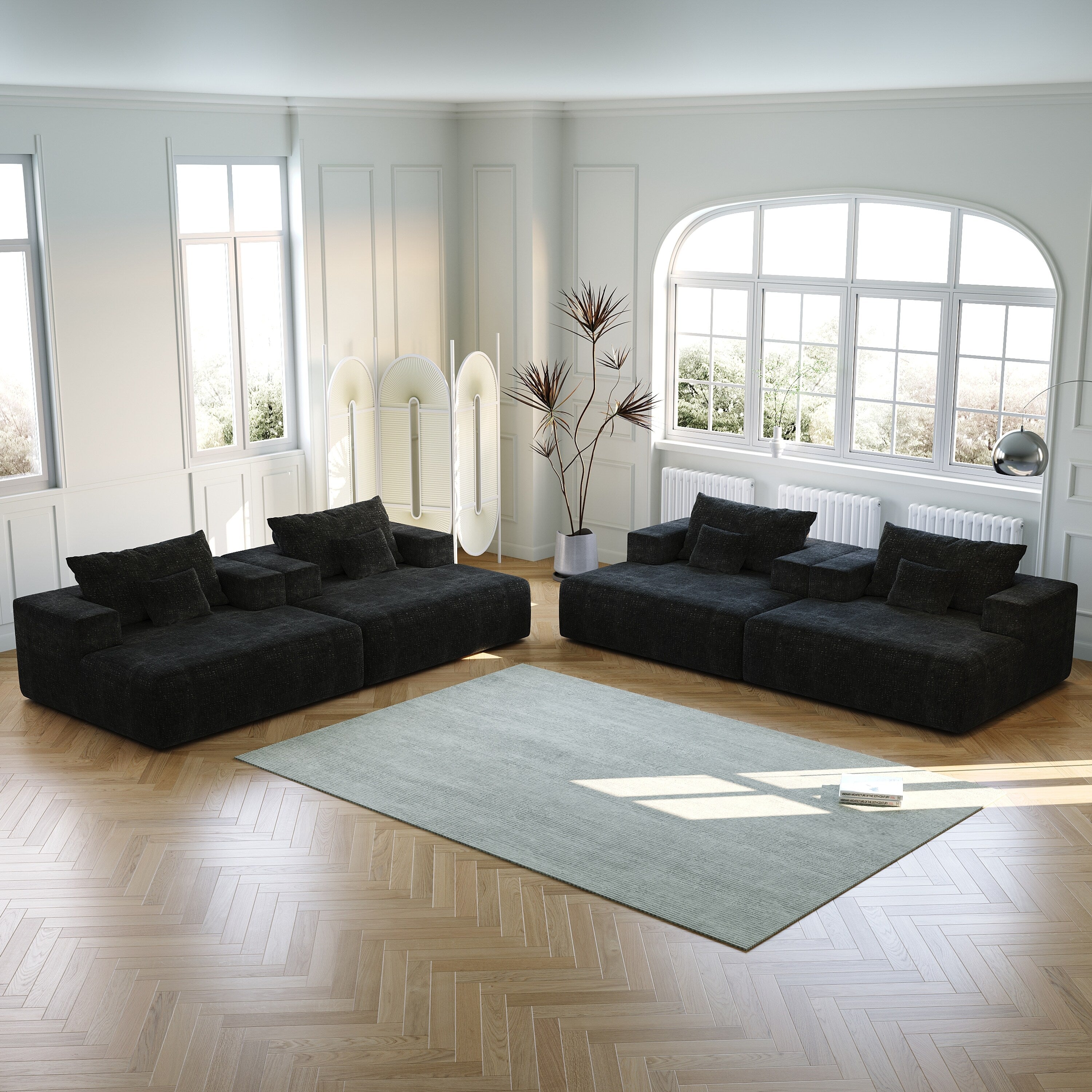 Canapé-lit simple moderne en éponge chenille noire 55 pouces avec coussin de dossier pour salon