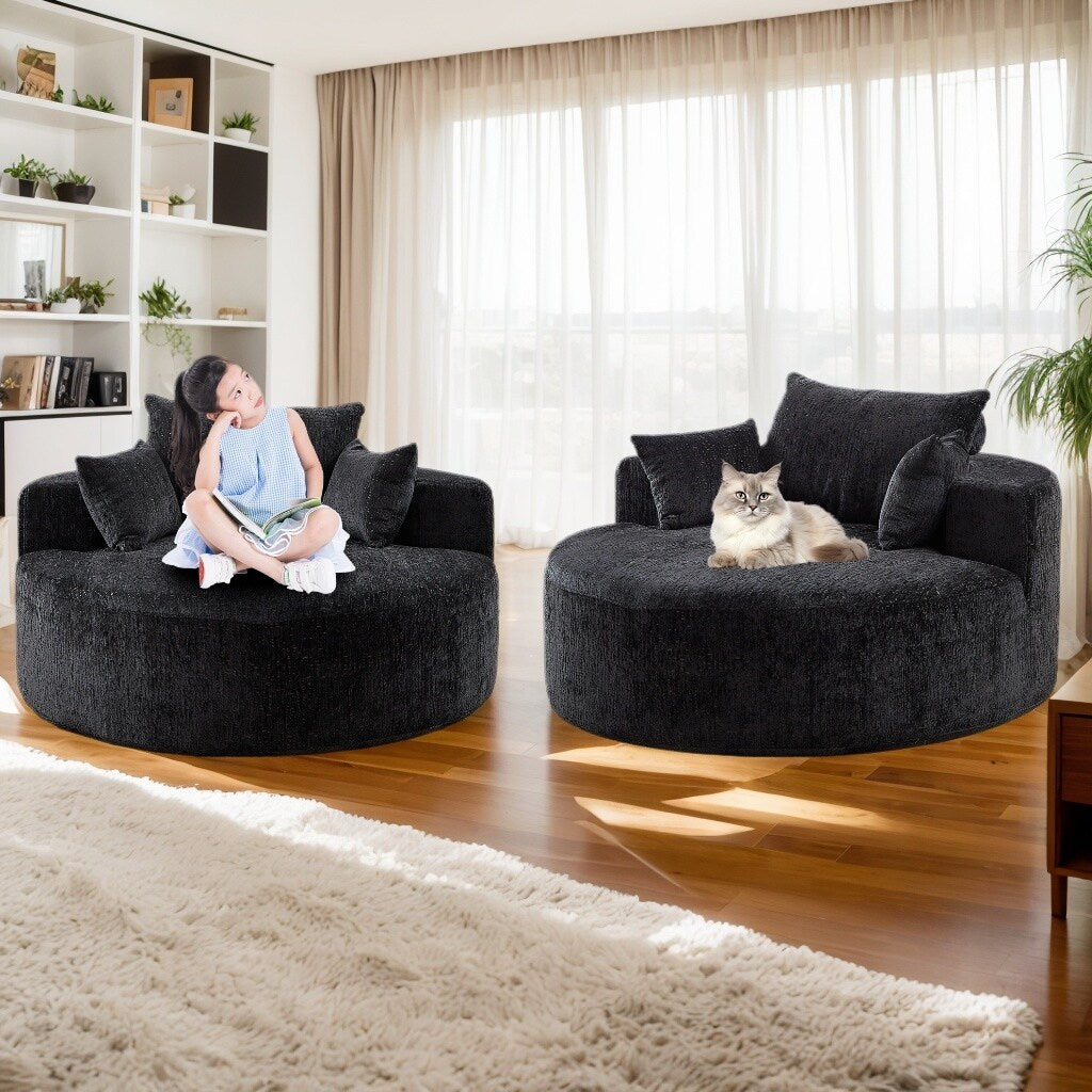 Canapé-lit simple rond noir moderne en chenille éponge de 55 pouces avec coussin de dossier pour salon