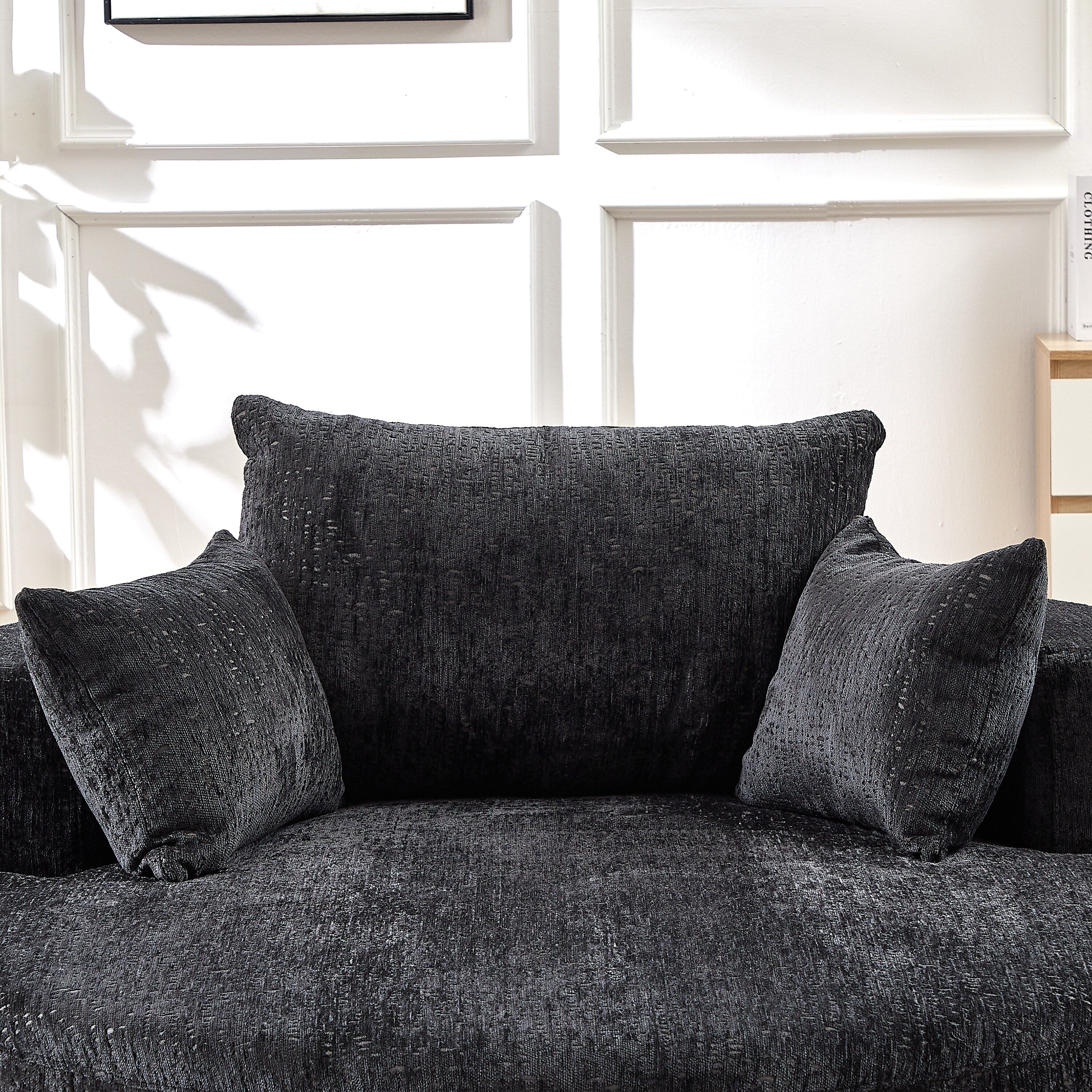 Canapé-lit simple rond noir moderne en chenille éponge de 55 pouces avec coussin de dossier pour salon