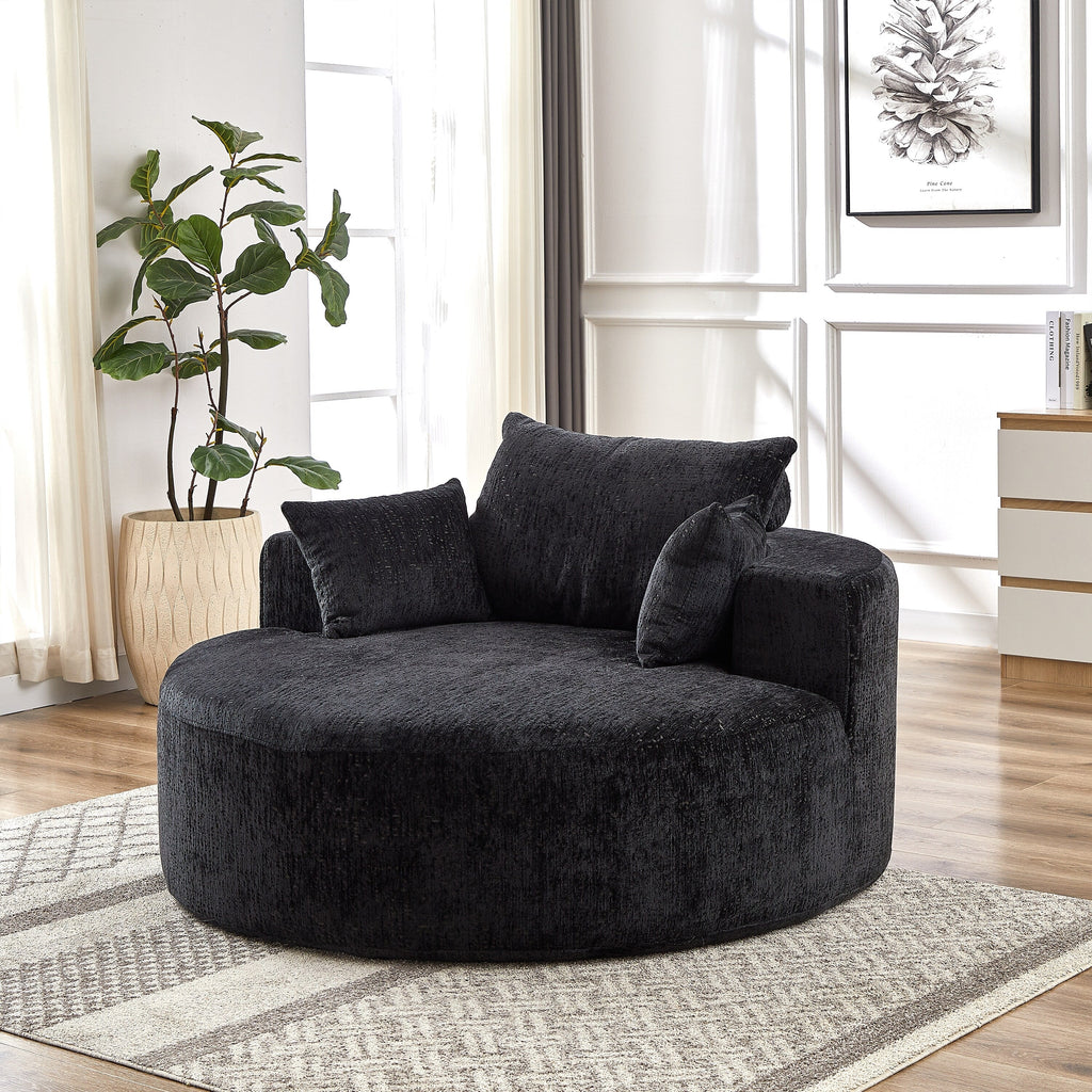 Canapé-lit simple rond noir moderne en chenille éponge de 55 pouces avec coussin de dossier pour salon