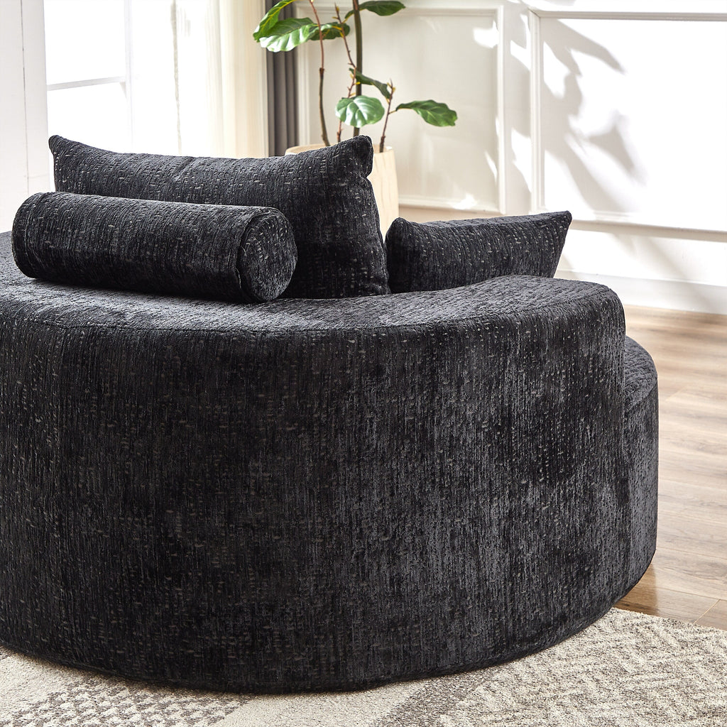 Canapé-lit simple rond noir moderne en chenille éponge de 55 pouces avec coussin de dossier pour salon