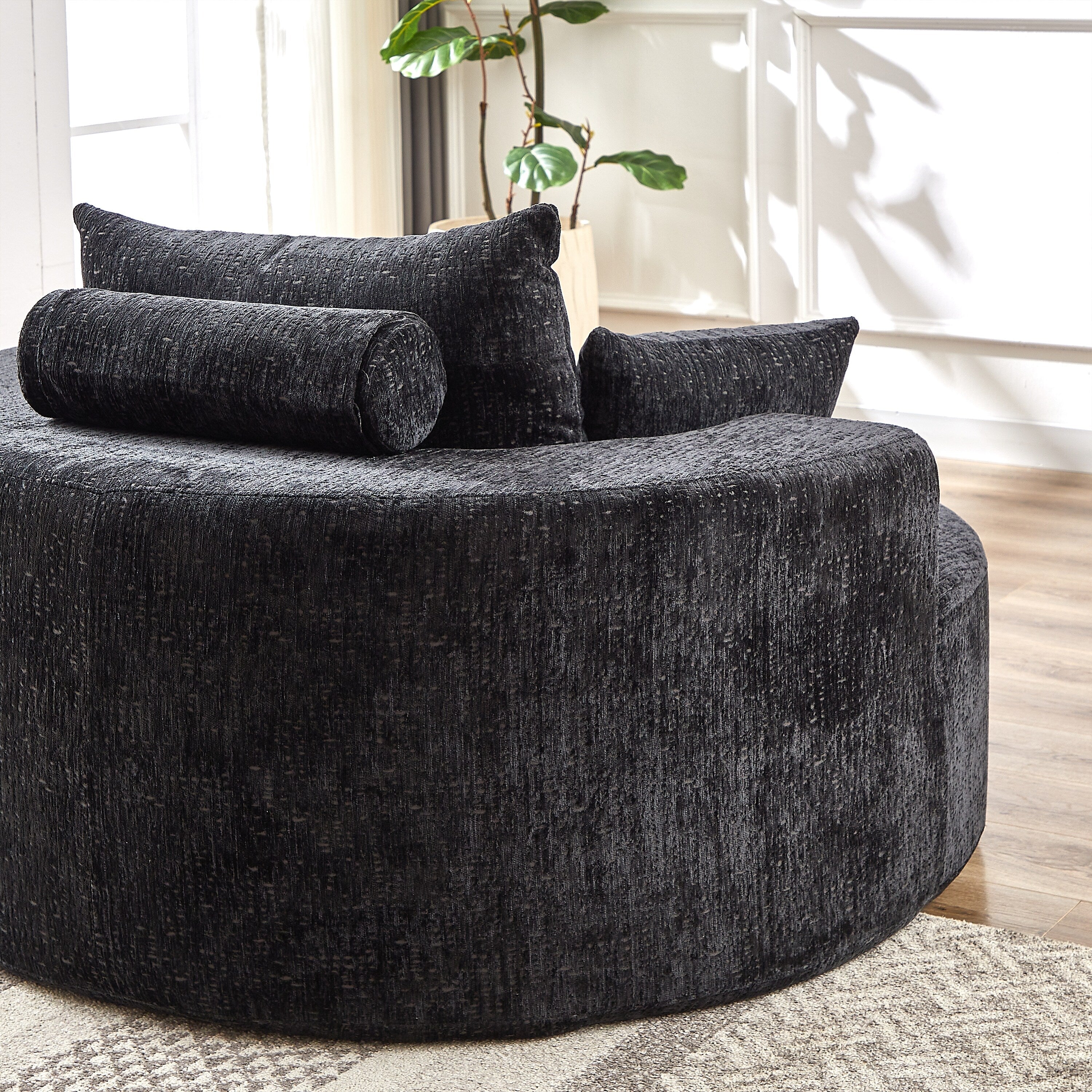 Canapé-lit simple rond noir moderne en chenille éponge de 55 pouces avec coussin de dossier pour salon