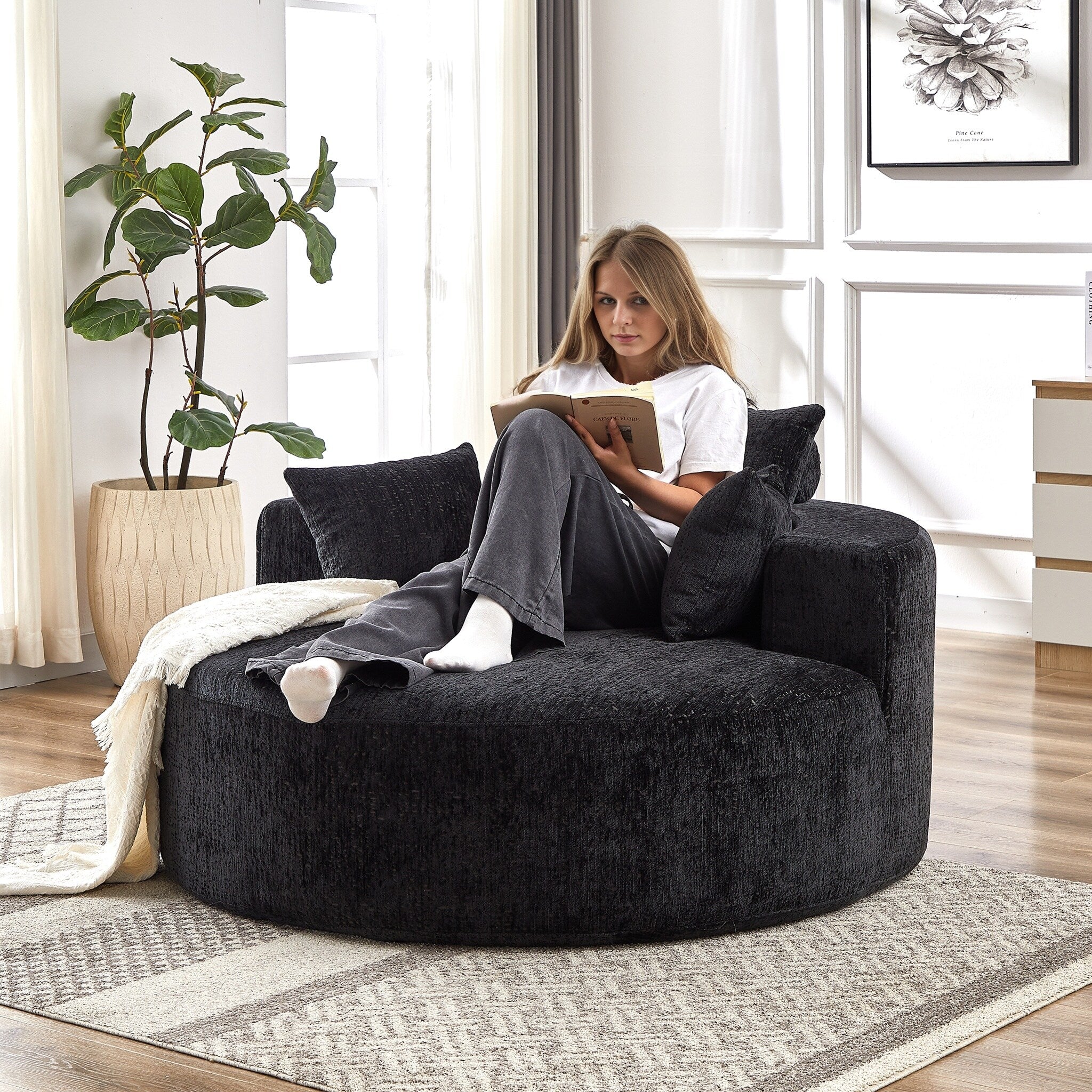 Canapé-lit simple rond noir moderne en chenille éponge de 55 pouces avec coussin de dossier pour salon