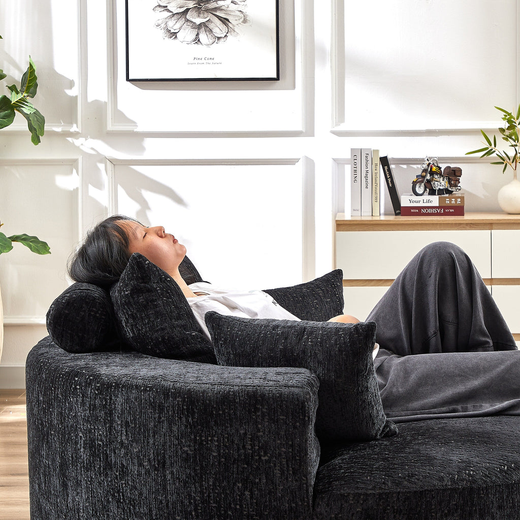 Canapé-lit simple rond noir moderne en chenille éponge de 55 pouces avec coussin de dossier pour salon