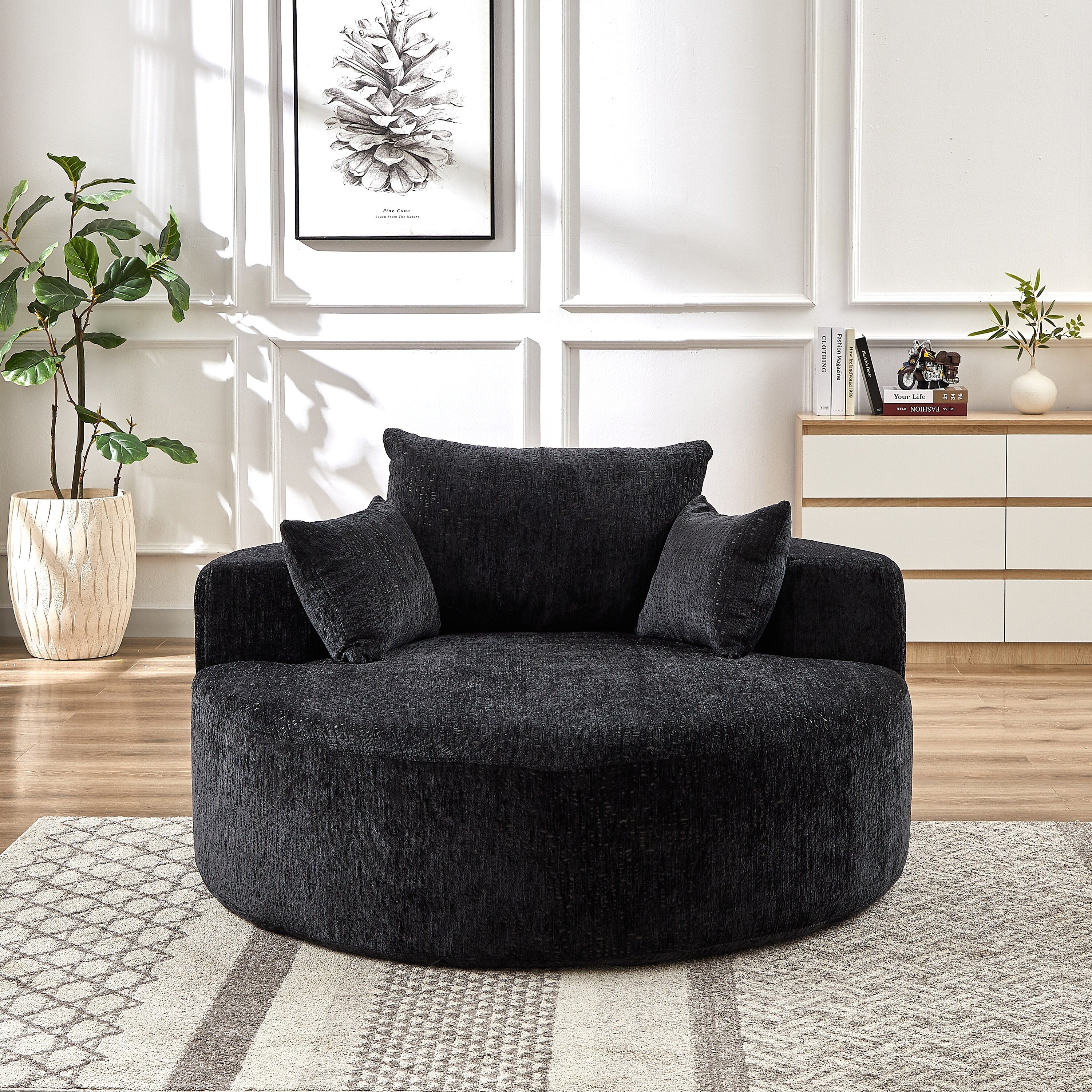 Canapé-lit simple rond noir moderne en chenille éponge de 55 pouces avec coussin de dossier pour salon