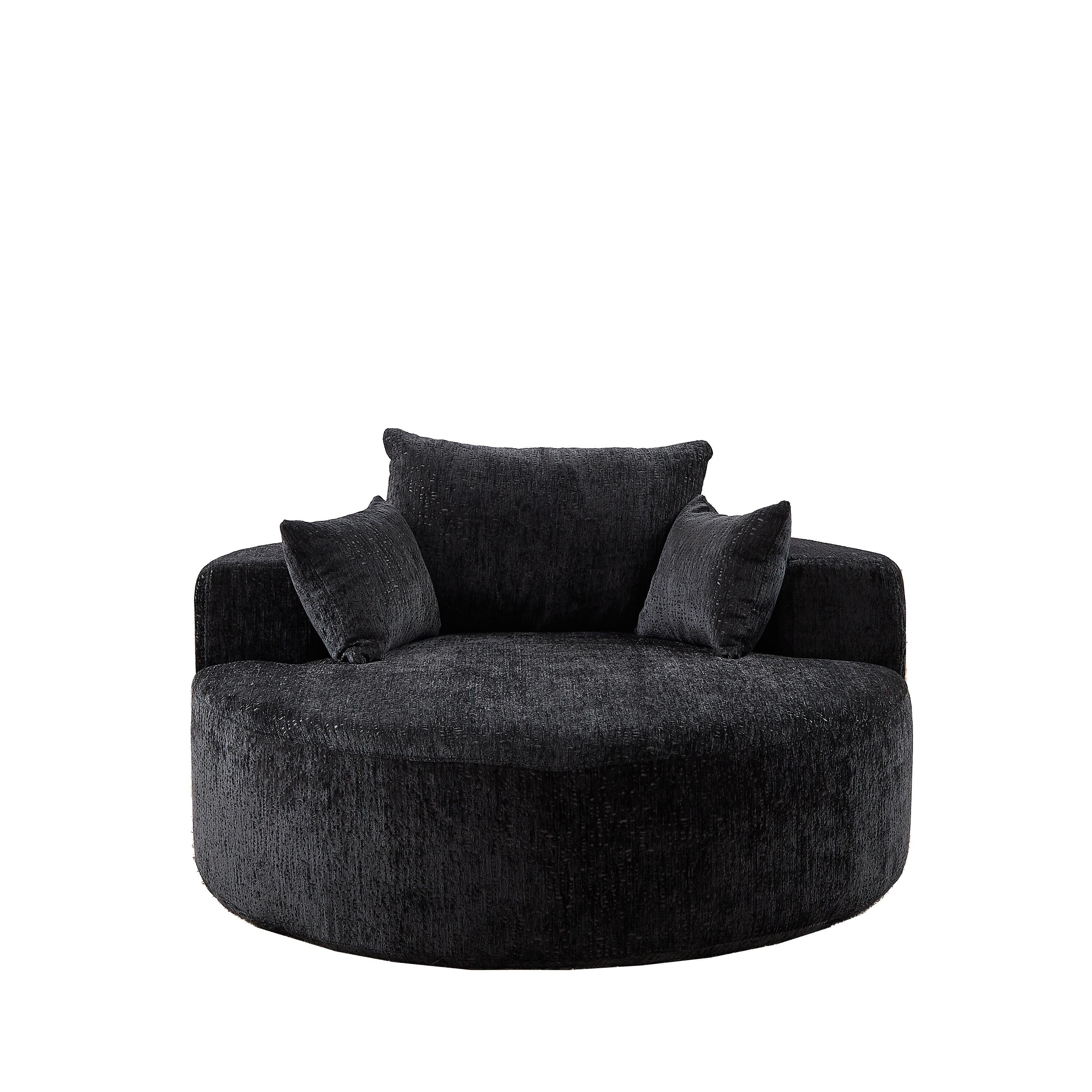 Canapé-lit simple rond noir moderne en chenille éponge de 55 pouces avec coussin de dossier pour salon