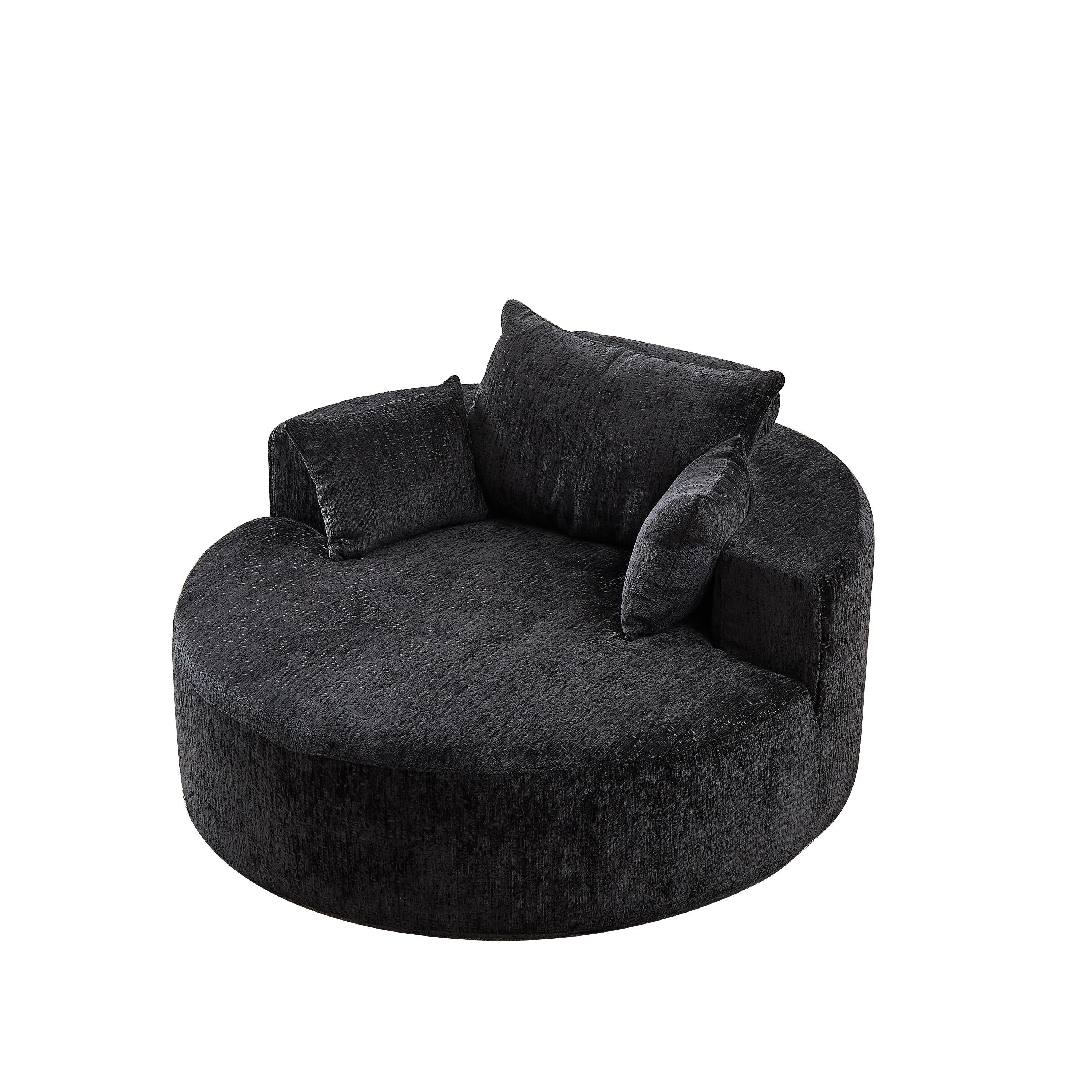 Canapé-lit simple rond noir moderne en chenille éponge de 55 pouces avec coussin de dossier pour salon
