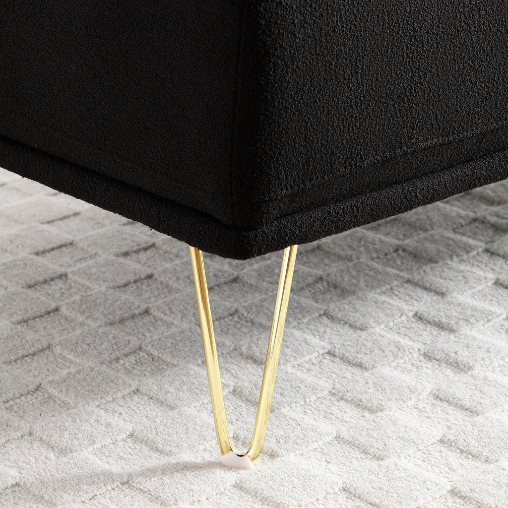 Banc de chevet rembourré noir moderne 56,3 avec pieds en métal doré pour chambre à coucher