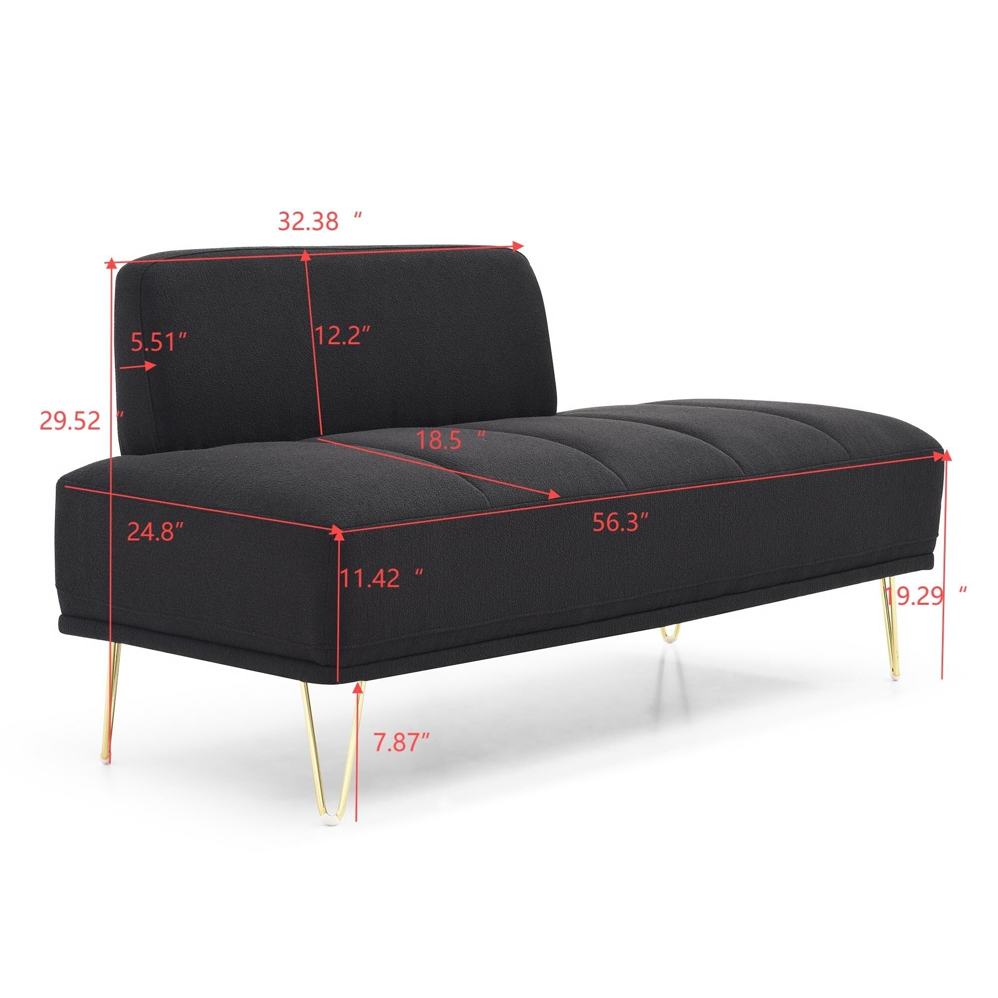 Banc de chevet rembourré noir moderne 56,3 avec pieds en métal doré pour chambre à coucher