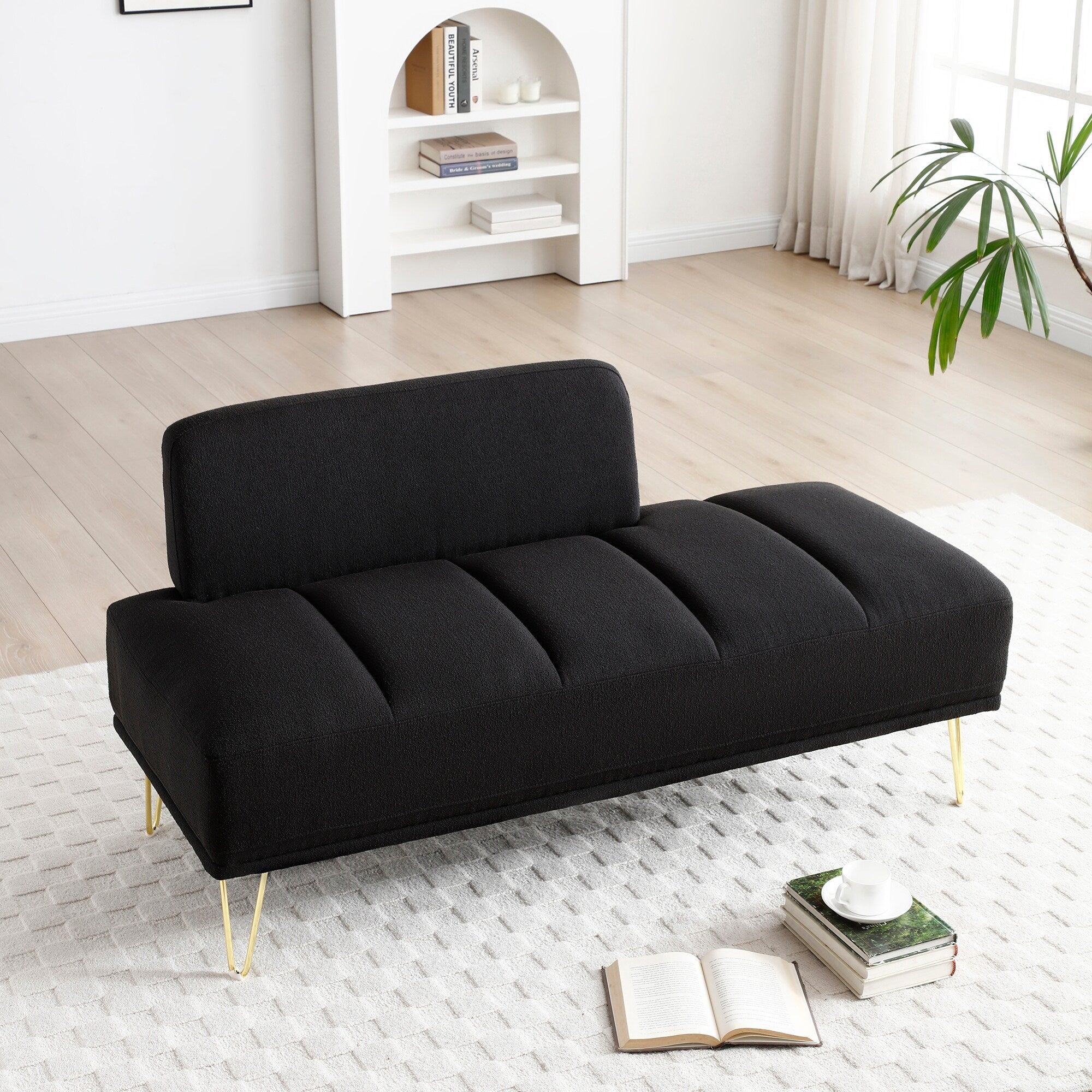 Banc de chevet rembourré noir moderne 56,3 avec pieds en métal doré pour chambre à coucher