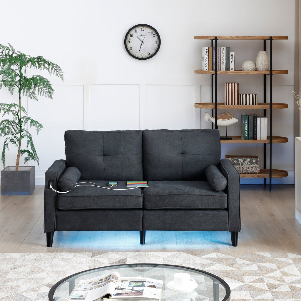 Canapé causeuse moderne en lin noir 57,87 pouces avec lumières LED et 2 ports USB pour le salon