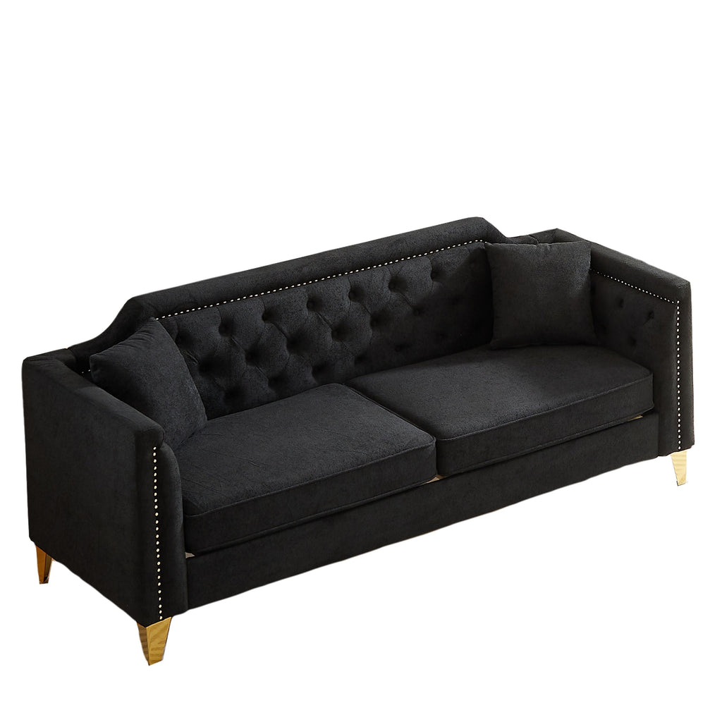 Canapé capitonné 3 places noir moderne en chenille de 61,5 pouces avec boutons, accoudoirs décorés de clous cuivrés et 2 coussins pour le salon