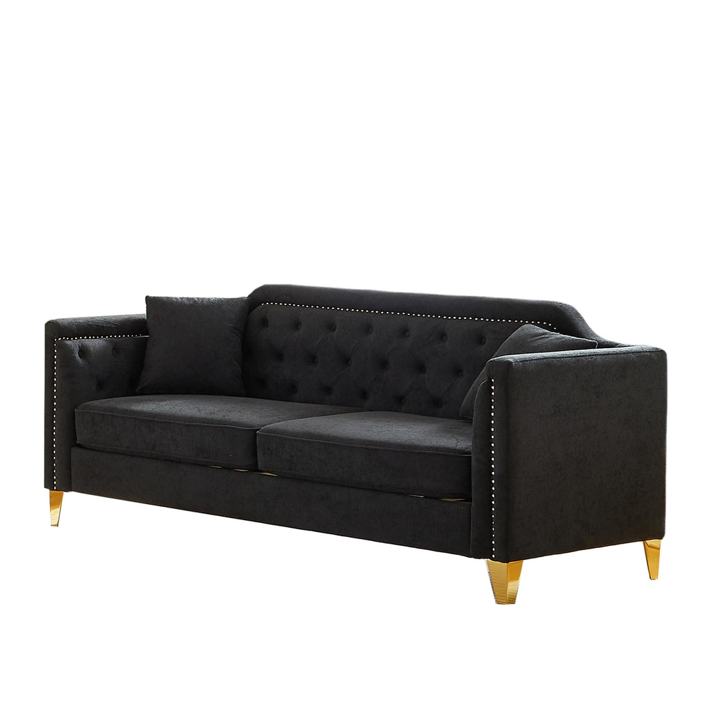 Canapé capitonné 3 places noir moderne en chenille de 61,5 pouces avec boutons, accoudoirs décorés de clous cuivrés et 2 coussins pour le salon