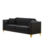 Canapé capitonné 3 places noir moderne en chenille de 61,5 pouces avec boutons, accoudoirs décorés de clous cuivrés et 2 coussins pour le salon