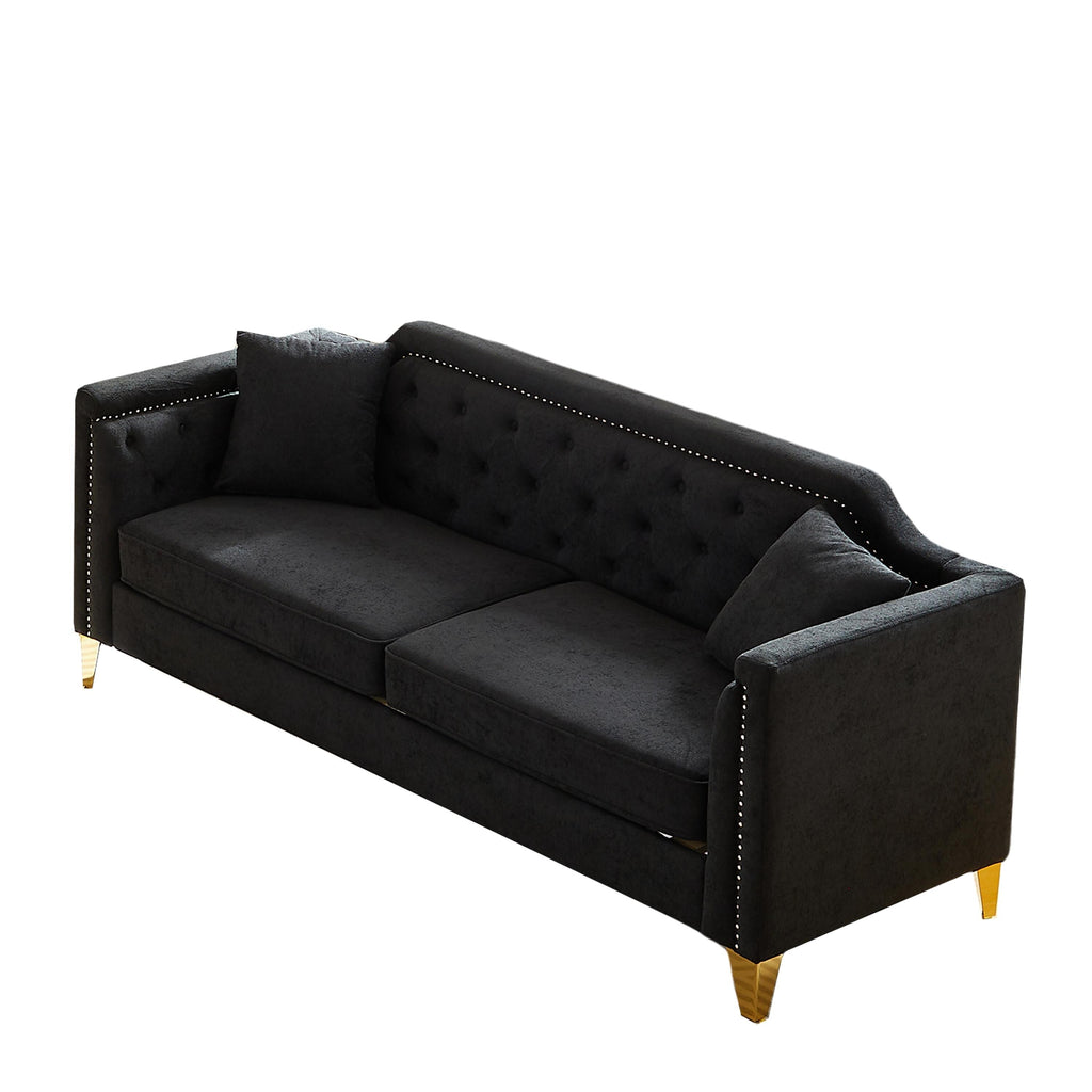 Canapé capitonné 3 places noir moderne en chenille de 61,5 pouces avec boutons, accoudoirs décorés de clous cuivrés et 2 coussins pour le salon